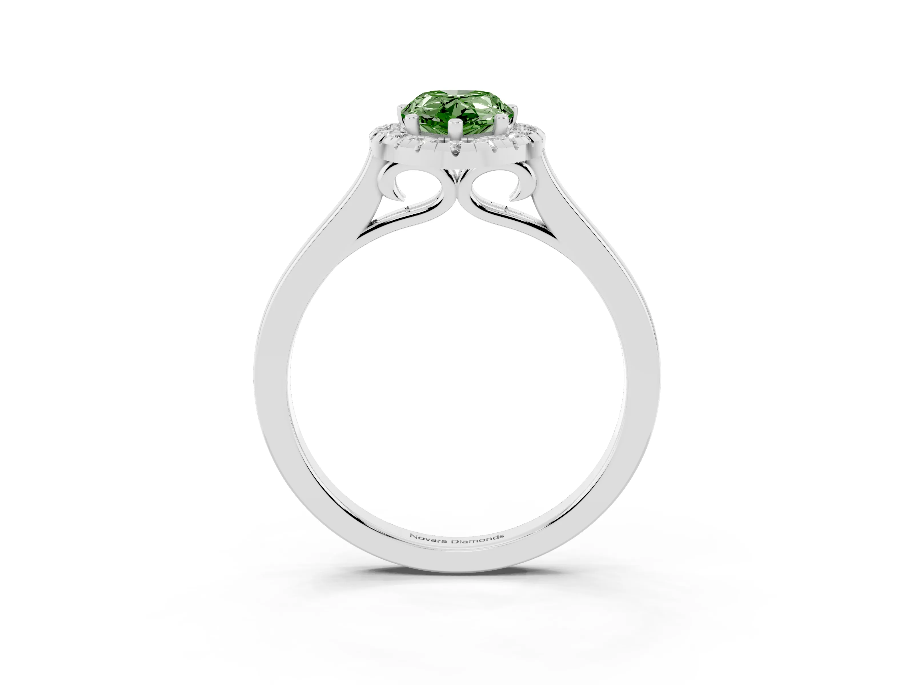 Fancy Green Pear Cut Halo Round Diamond Solitaire Ring Set in White gold with Pavé Band and Prong Setting