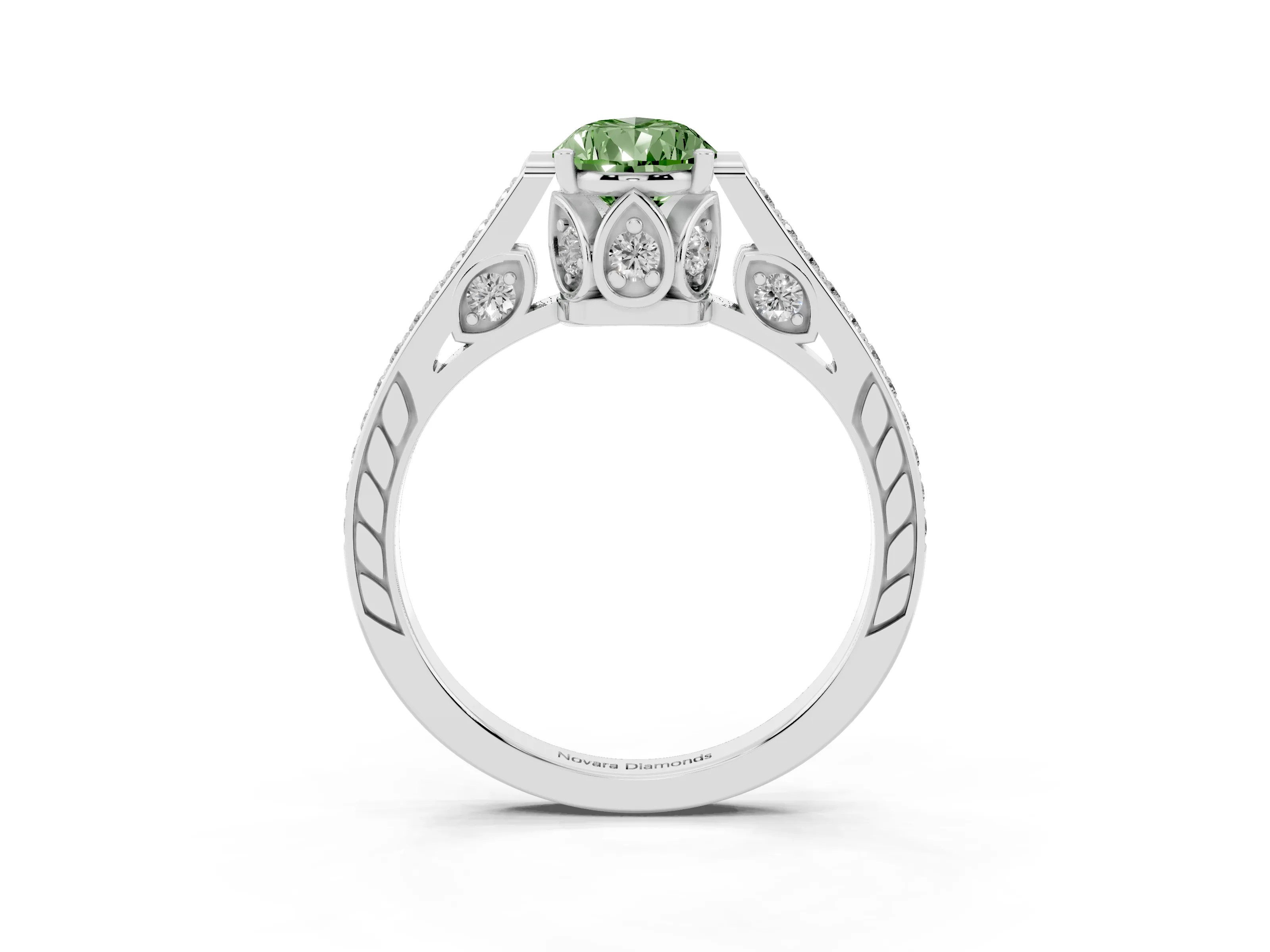 Fancy Green Pear Cut Diamond Cathedral Pavé Engagement Ring Set in White gold with Prong Setting