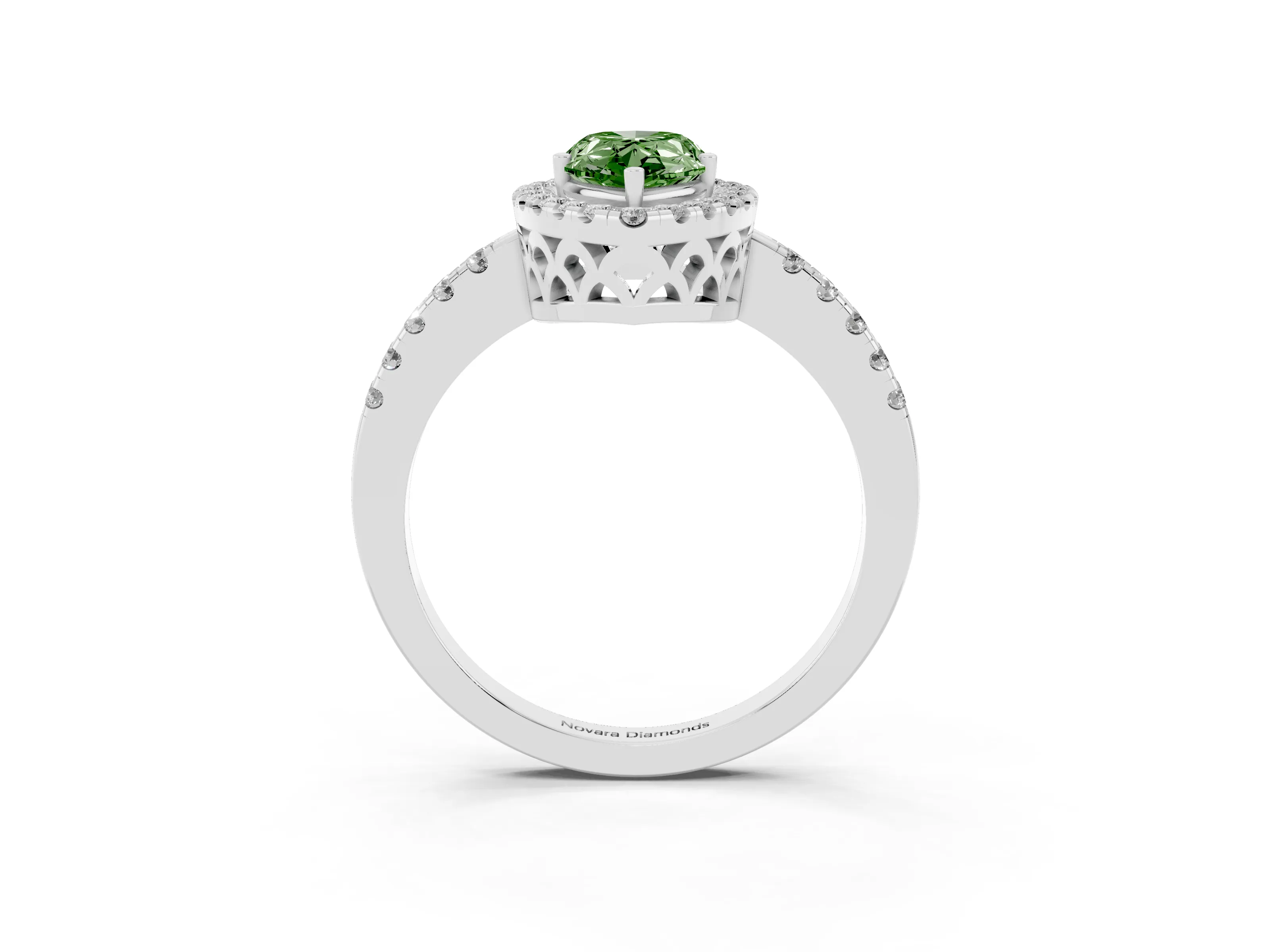 Fancy Green Pear Cut Diamond Pavé Band Halo Engagement Ring Set in Silver with Prong Setting