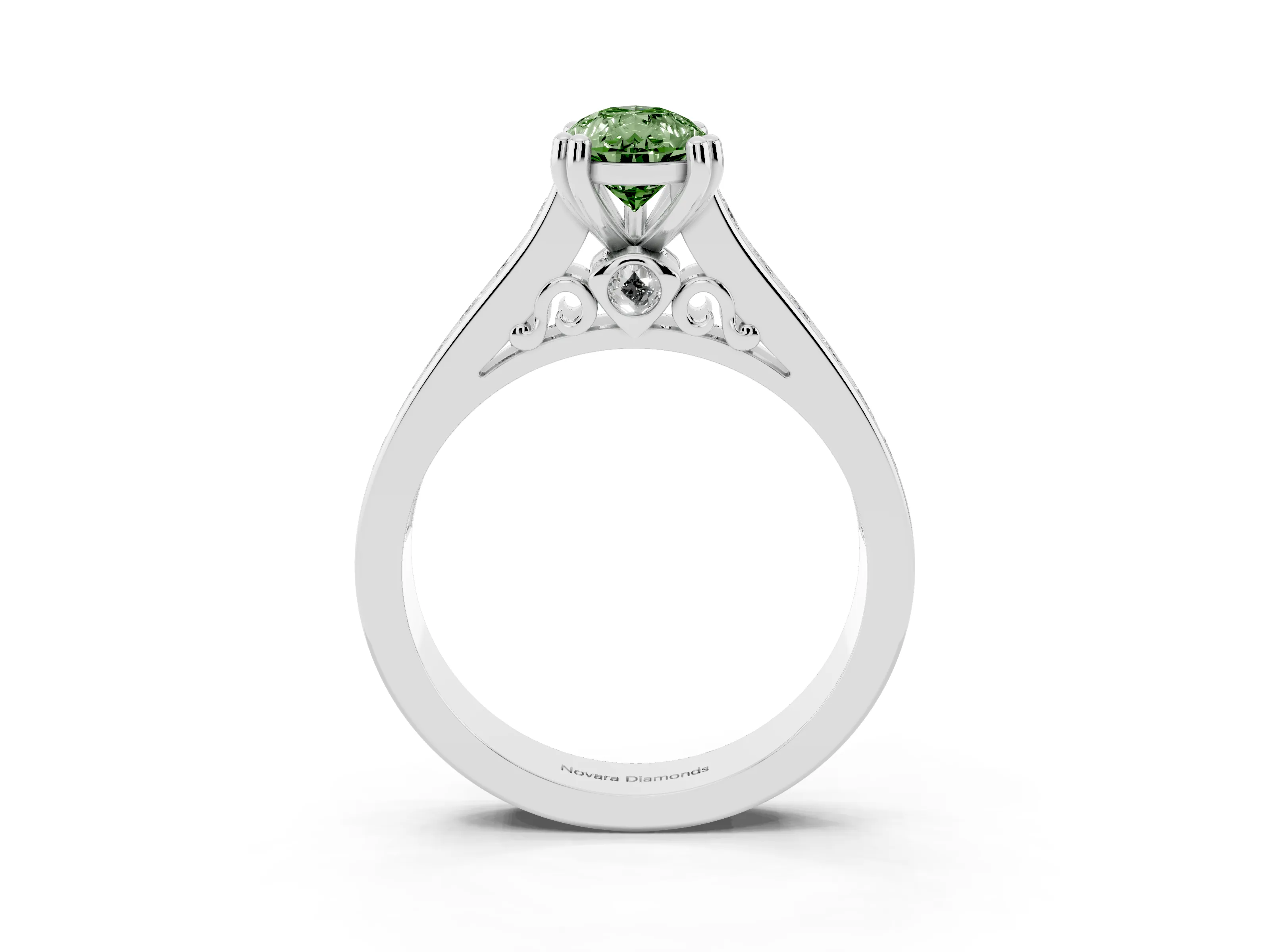 Fancy Green Pear Cut Diamond Channel Set Solitaire Engagement Ring Set in Silver with Prong Setting