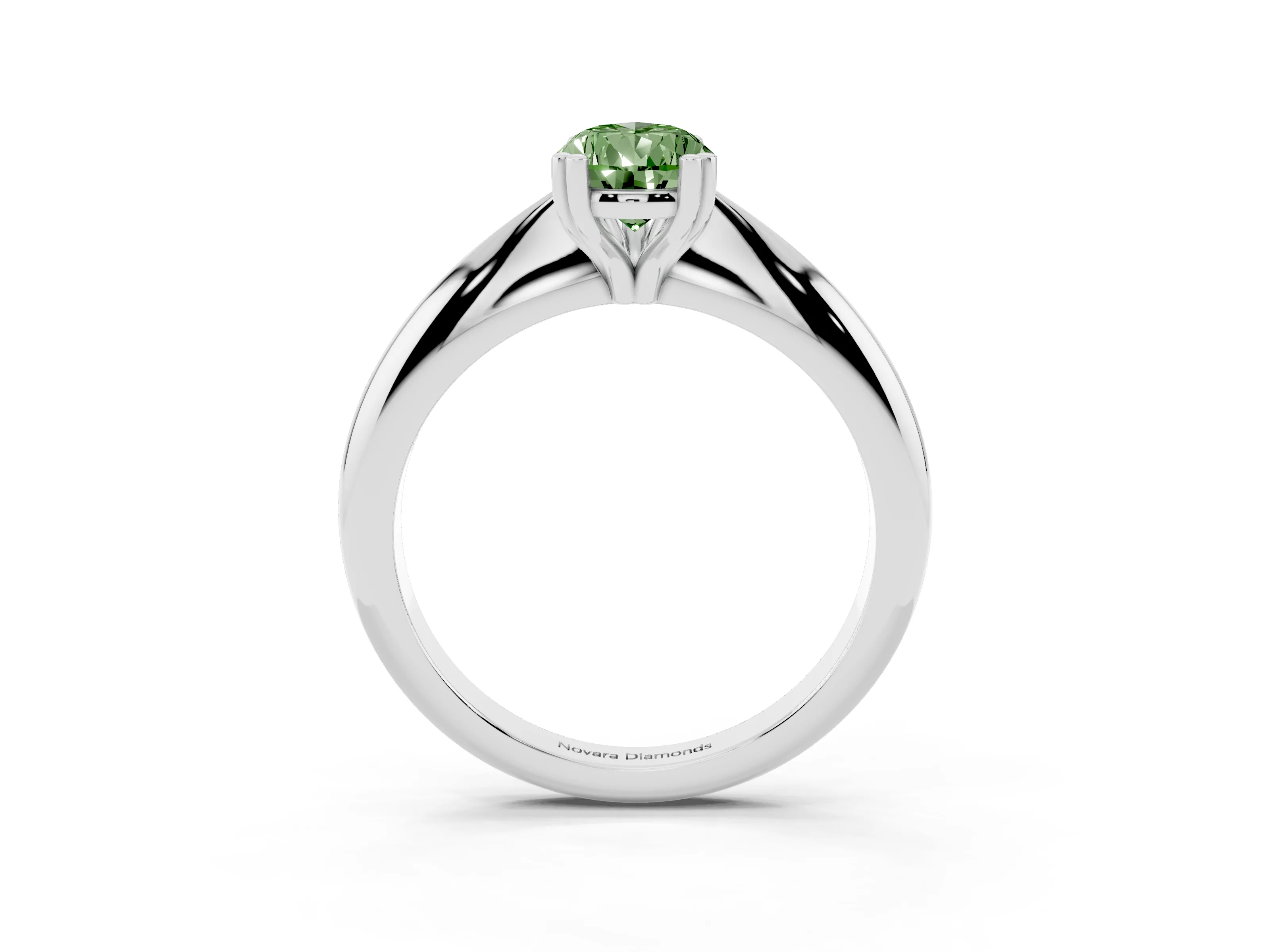 Fancy Green Pear Cut Diamond Solitaire Engagement Ring Set in White gold with Tapered Band and Prong Setting
