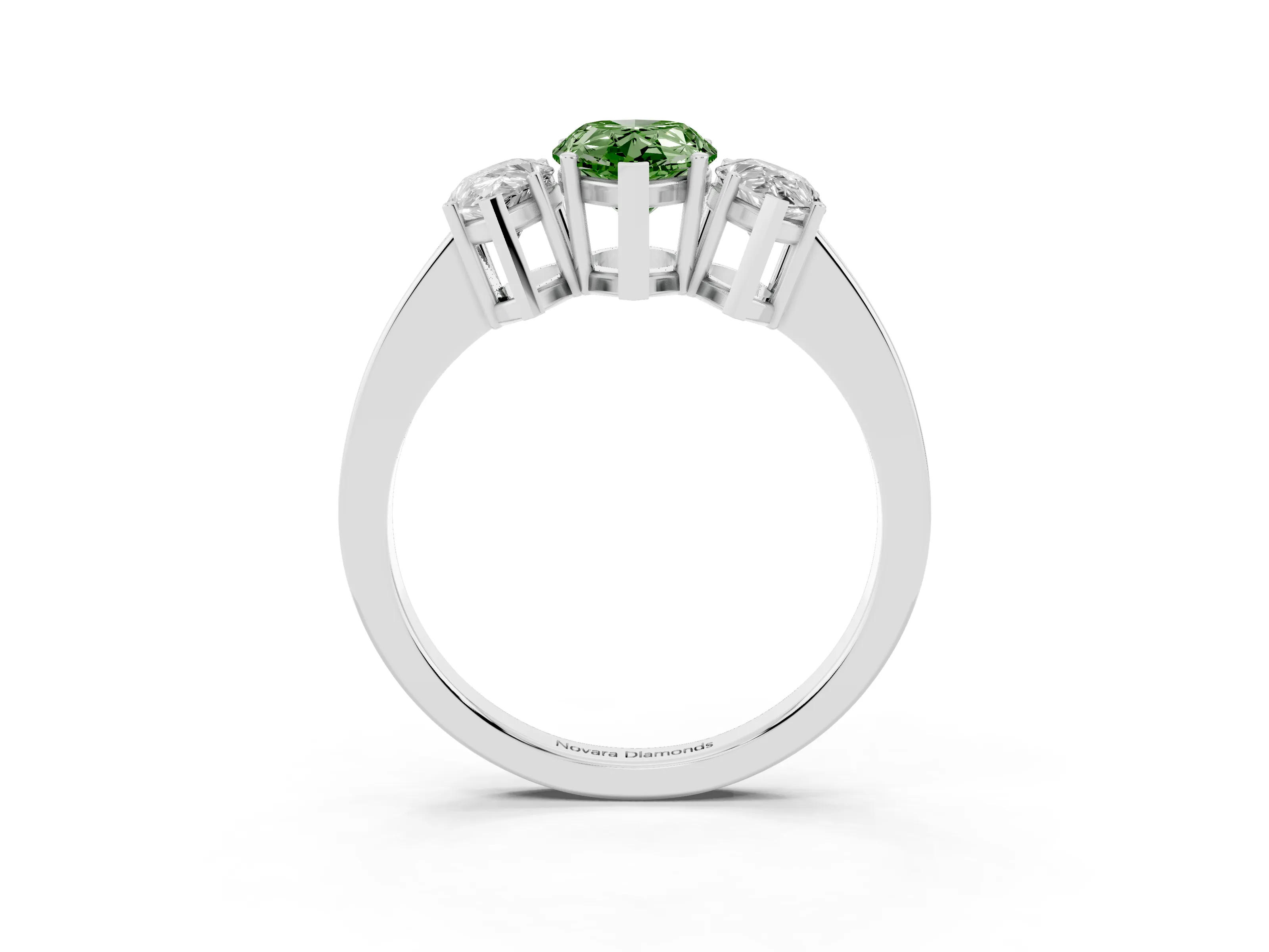 Fancy Green Pear Cut Diamond Three-Stone Engagement Ring Set in White gold with Flat Band