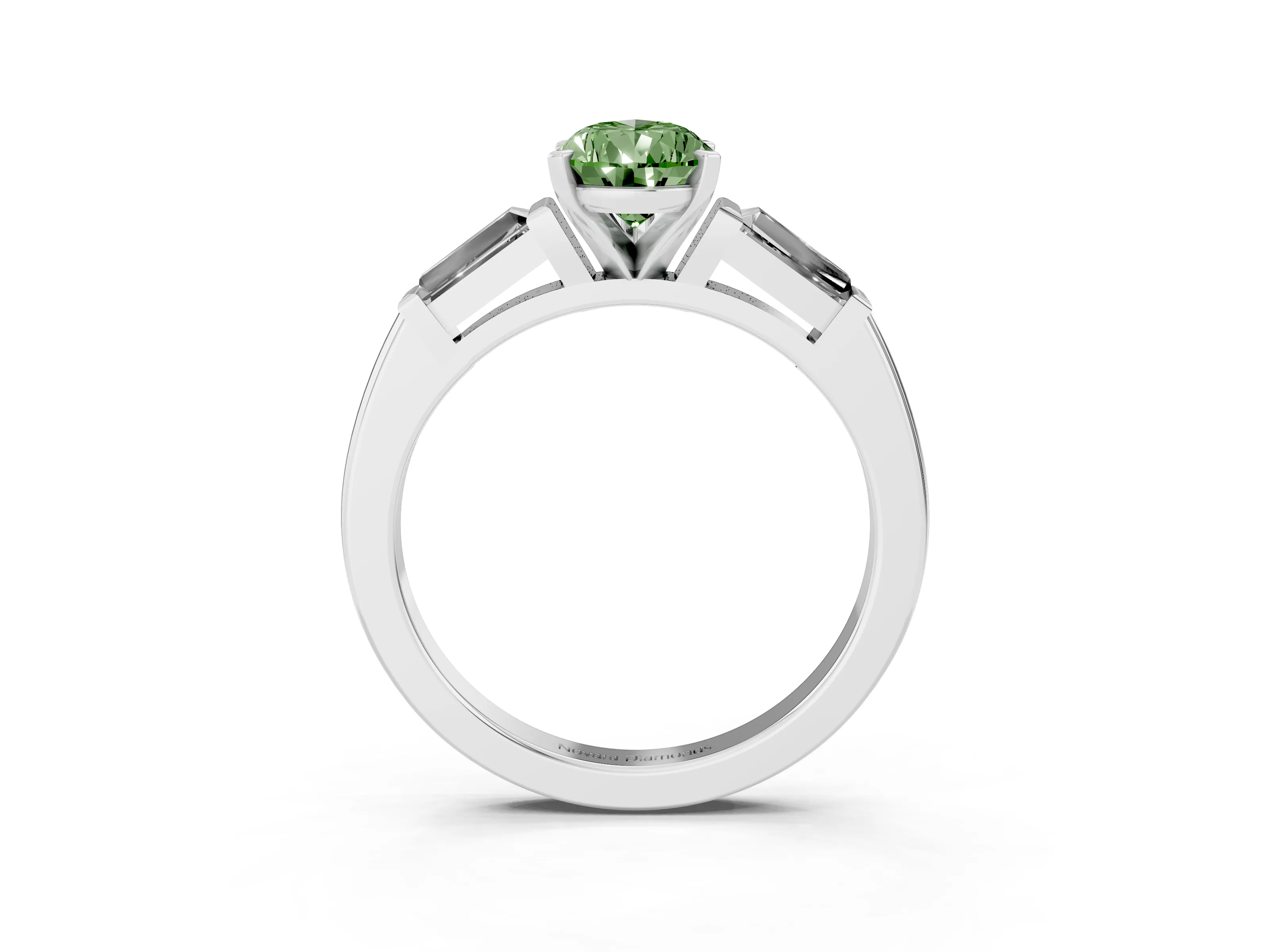 Fancy Green Pear Cut Diamond Solitaire Ring Set in Platinum with Tapered Baguette Side Stones and Prong Setting