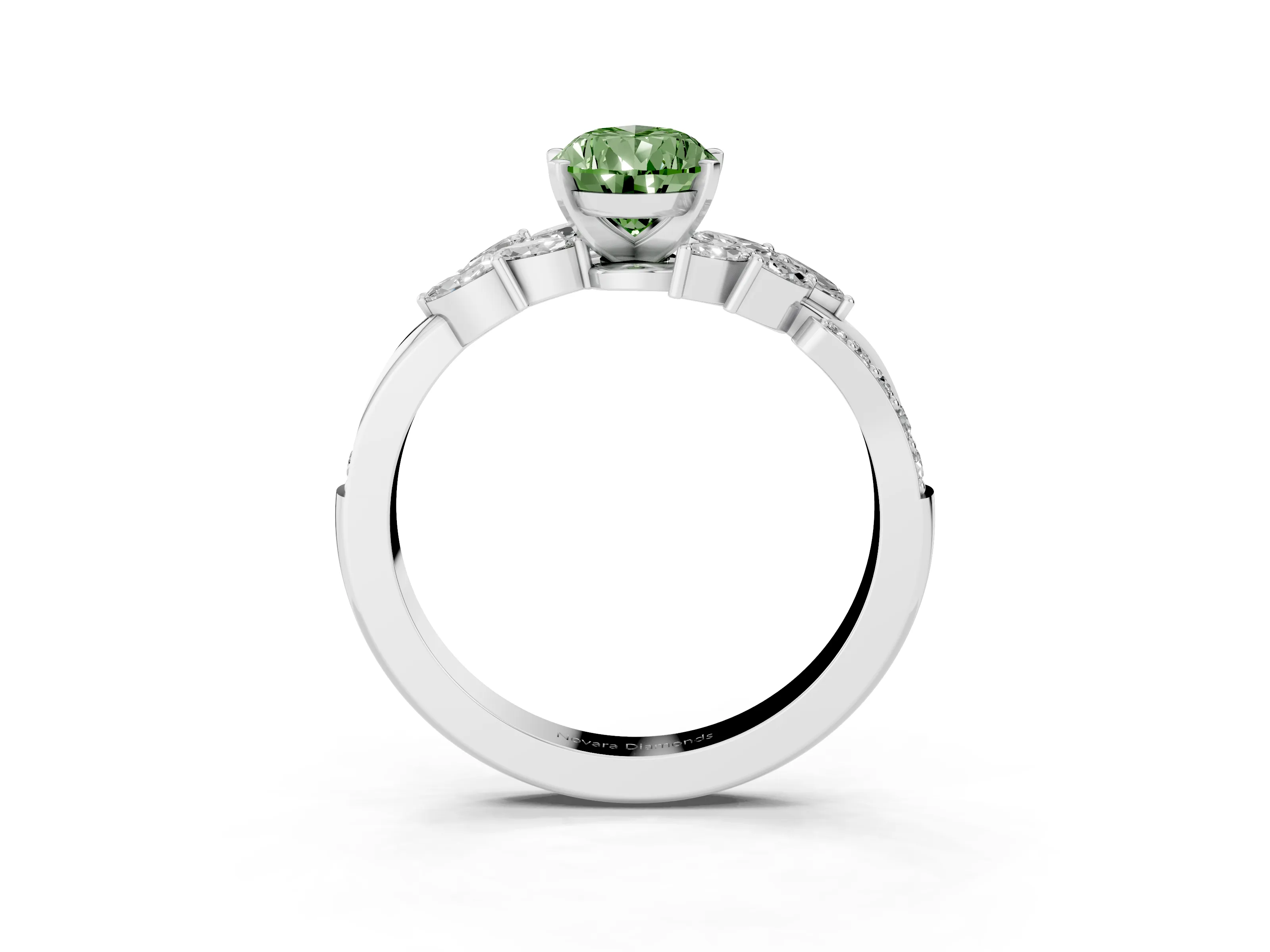 Fancy Green Pear Cut Diamond Solitaire Ring Set in Silver with Marquise Twist Band and Prong Setting