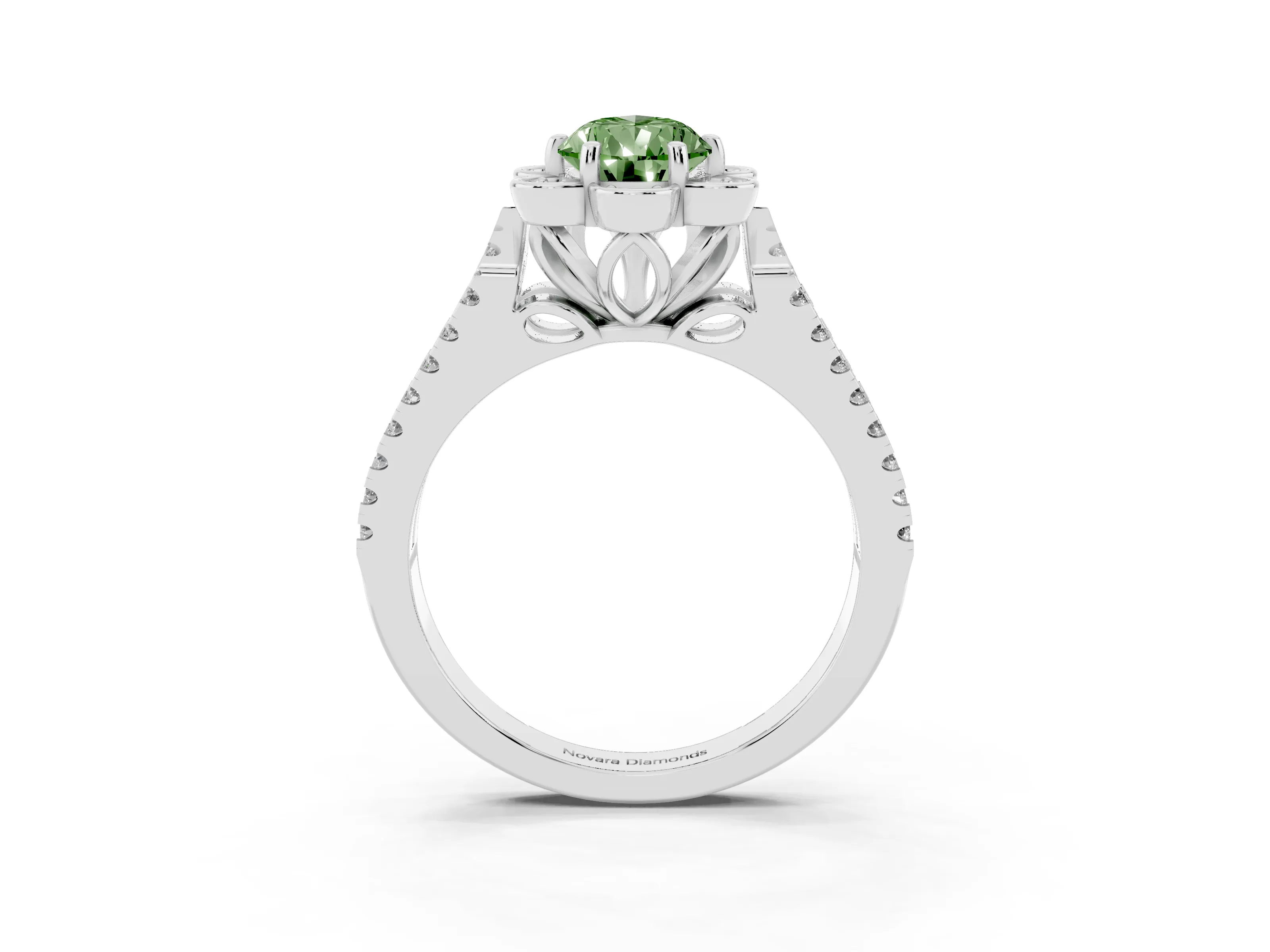 Fancy Green Pear Cut Diamond Floral Halo Split Shank Engagement Ring Set in Platinum with Pavé Shank