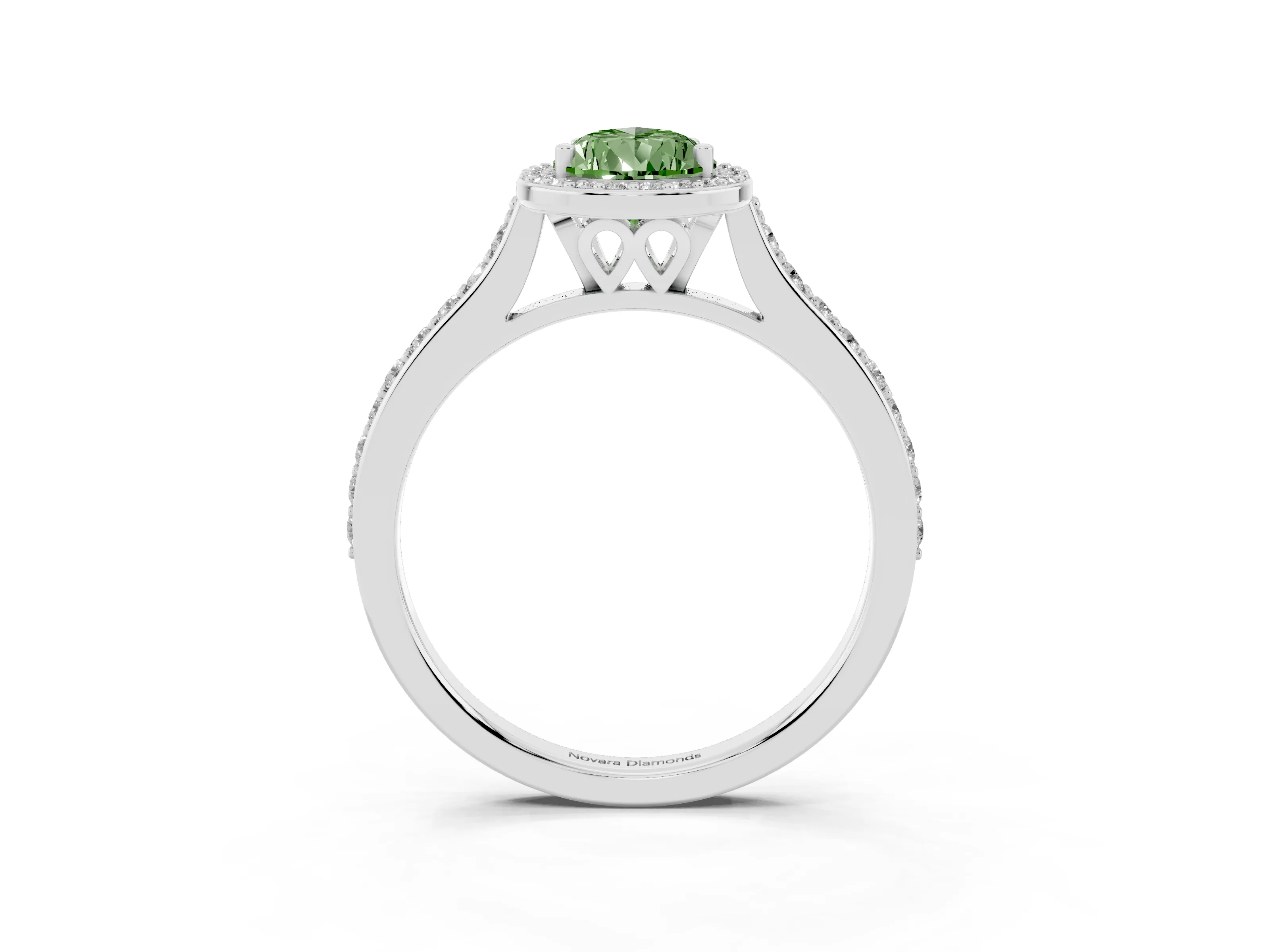 Fancy Green Pear Cut Diamond Halo Engagement Ring Set in Platinum with Round Pavé Shoulders and Heart Gallery