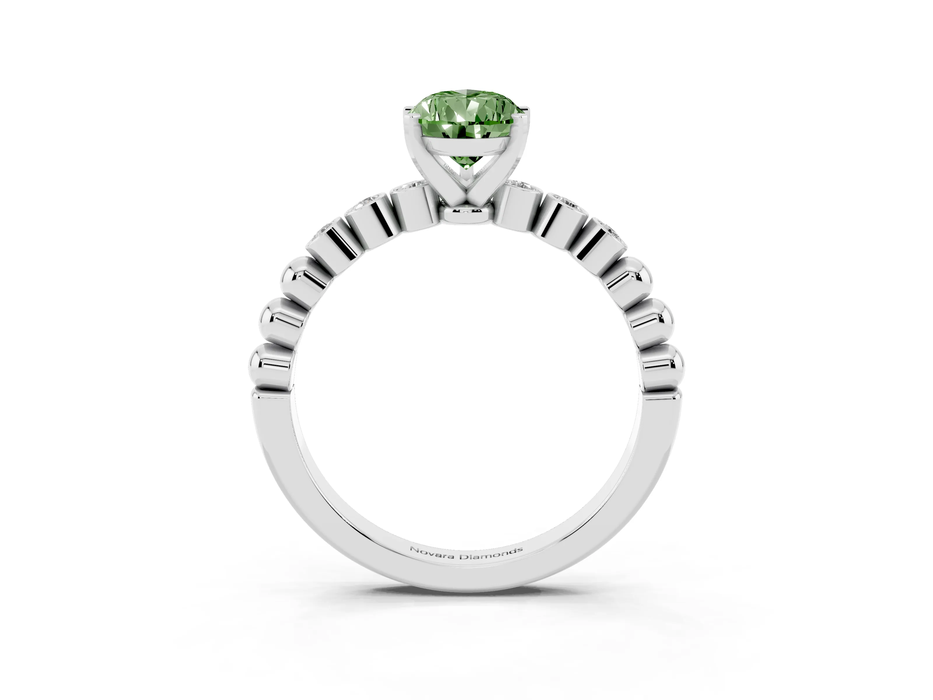 Fancy Green Pear Cut Diamond Solitaire Engagement Ring Set in White gold with Bezel Accents on Beaded Band