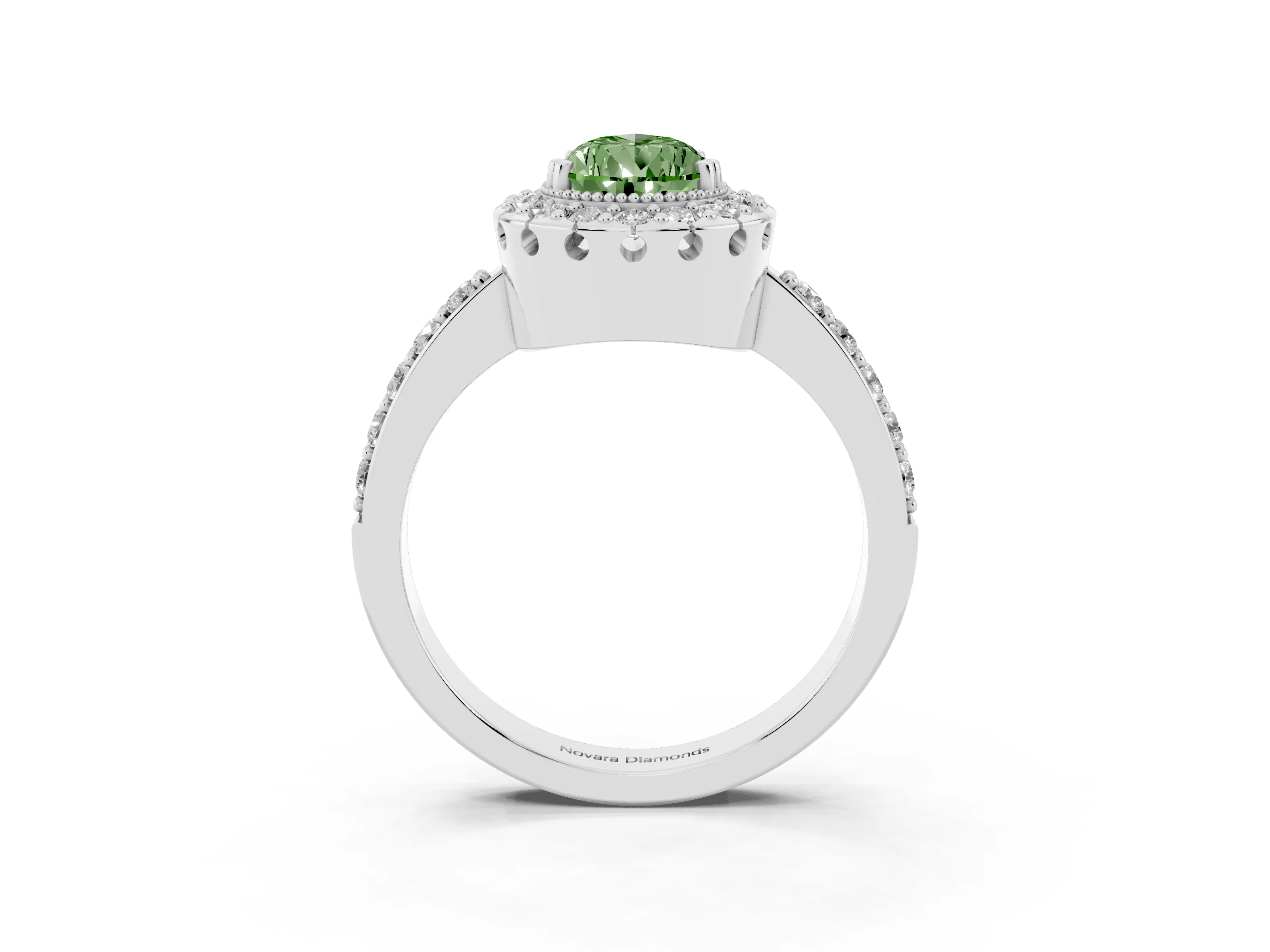 Fancy Green Pear Cut Diamond Halo Ring Set in White gold with Pavé Shank and Prong Setting