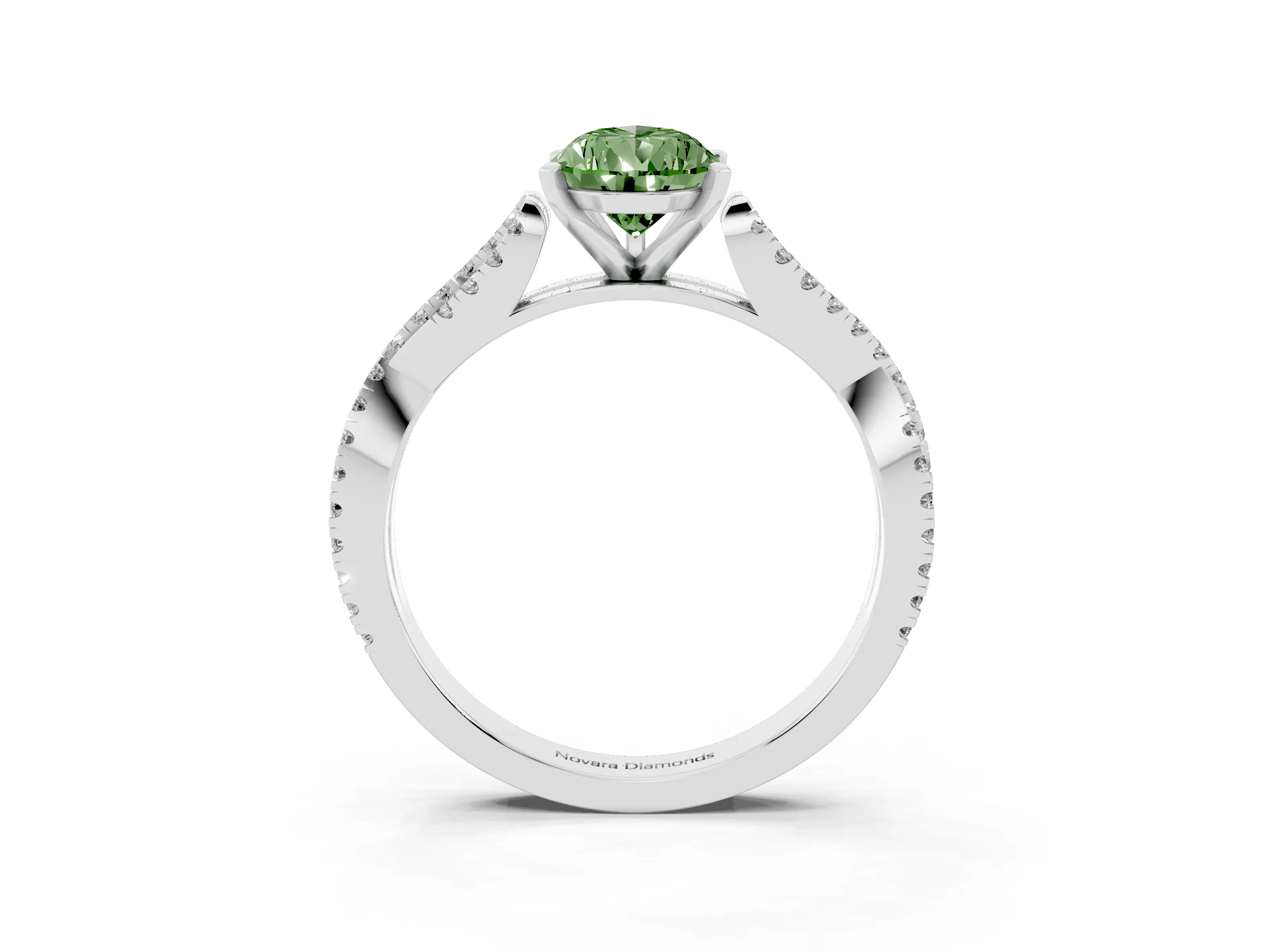 Fancy Green Pear Cut Diamond Solitaire Engagement Ring Set in White gold with Twisted Pavé Band and Prong Setting