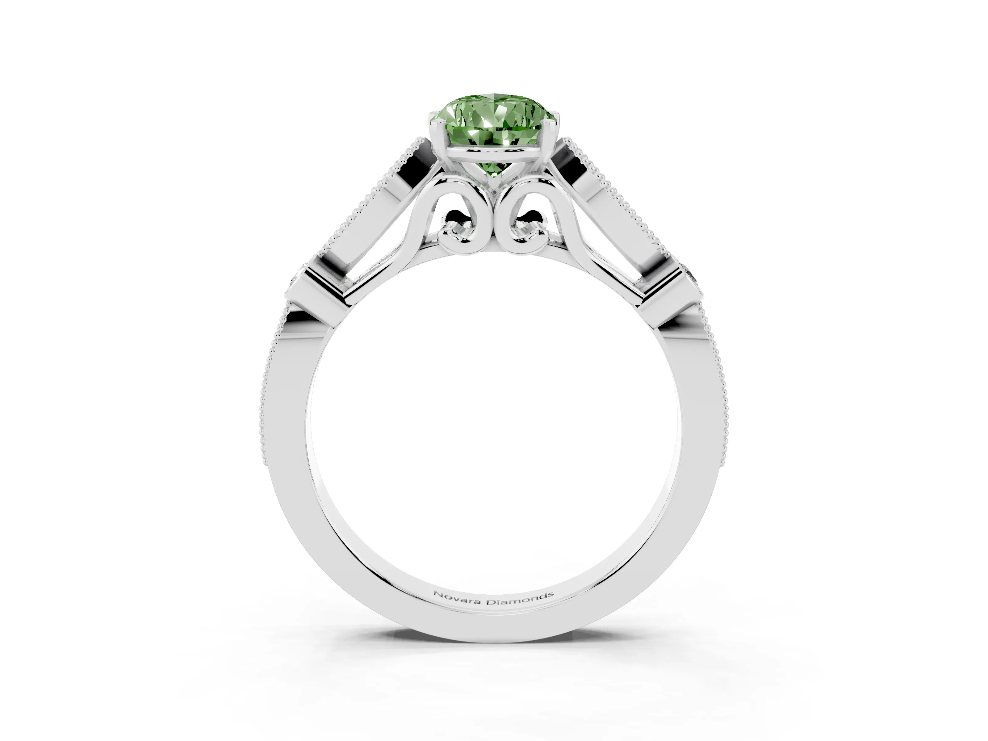 Fancy Green Pear Cut Diamond Solitaire Ring Set in White gold with Milgrain Marquise and Bezel Accents