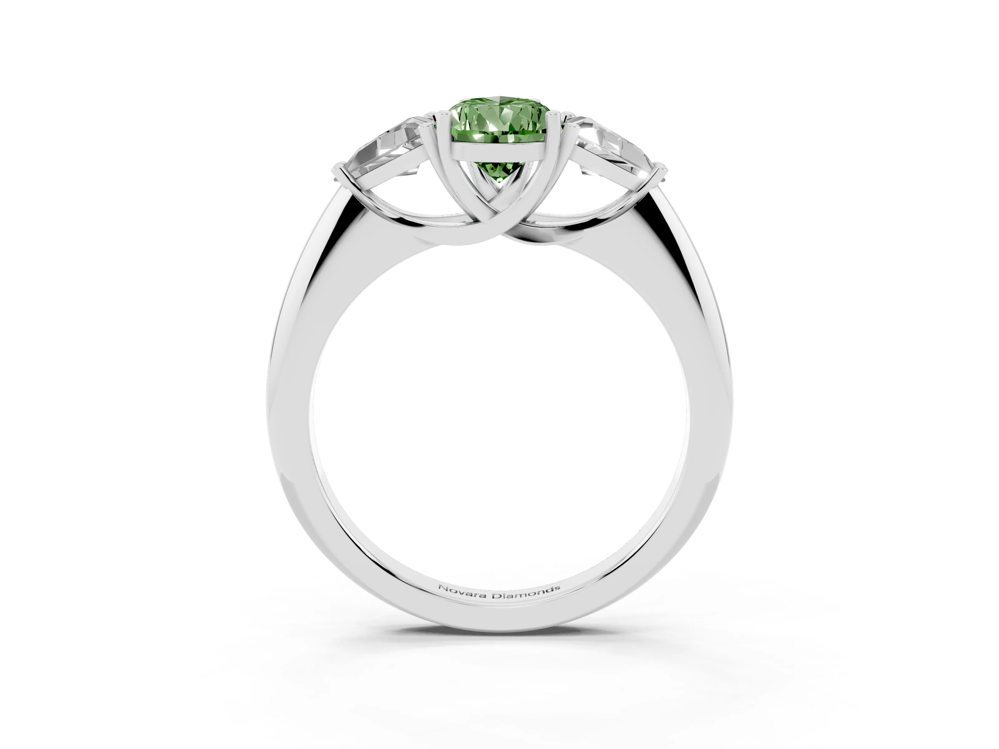 Fancy Green Pear Cut Diamond Three-Stone Engagement Ring Set in Silver with Trillion Side Stones