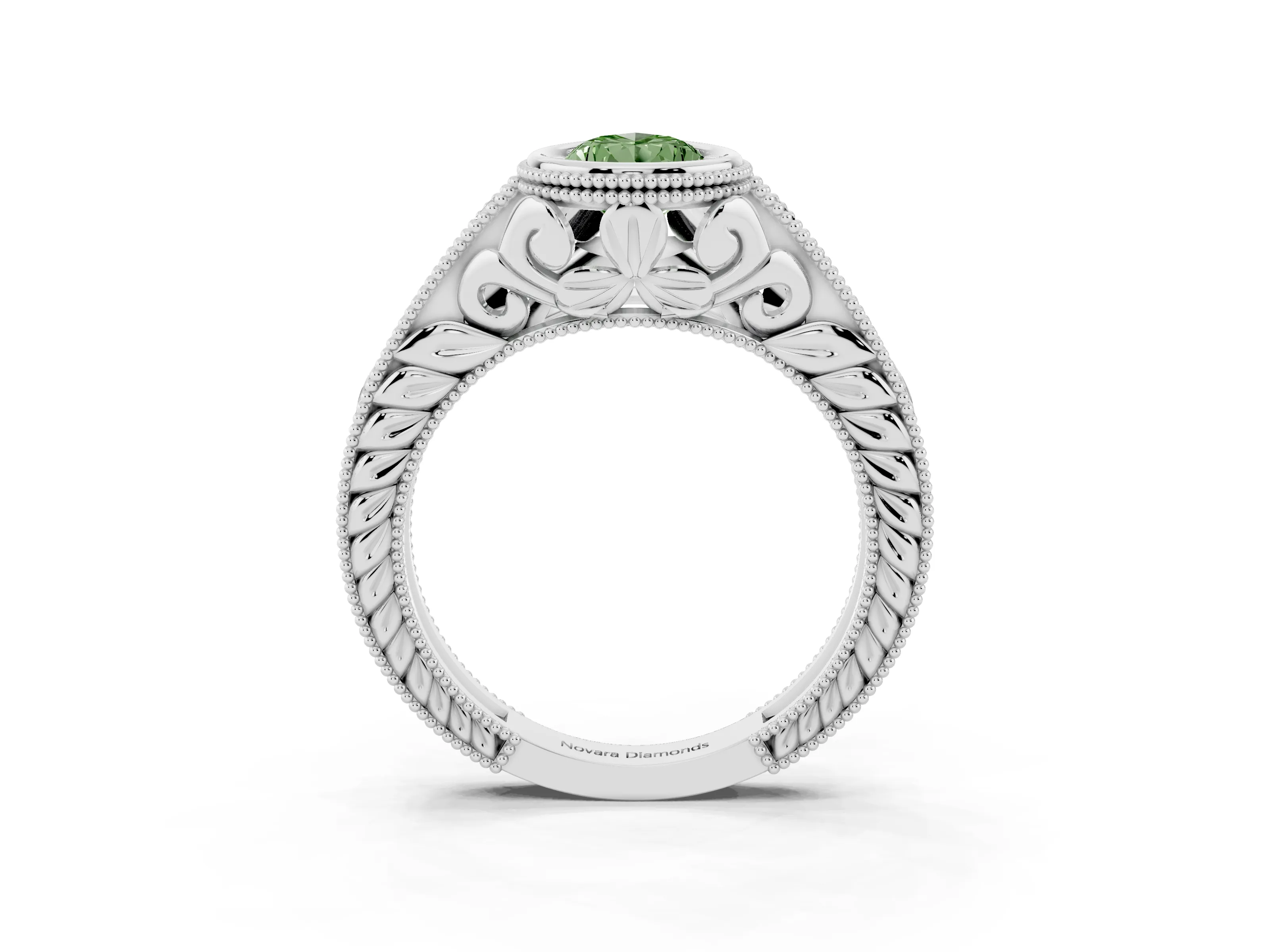 Fancy Green Bezel Set Pear Cut Diamond Milgrain Pavé Engagement Ring Set in White gold
