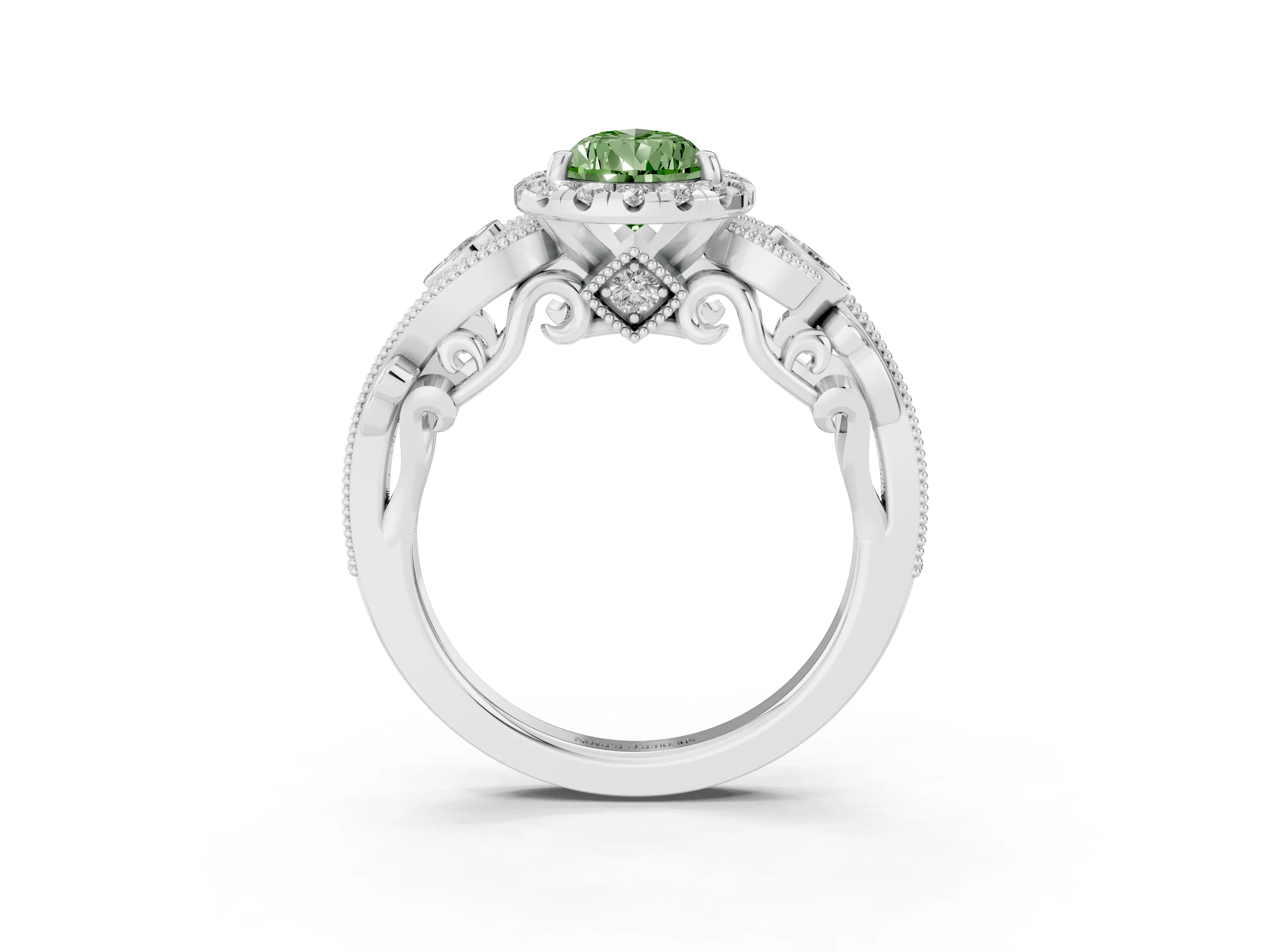 Fancy Green Pear Cut Diamond Halo Ring Set in Silver with Milgrain Pavé Band and Prong Setting