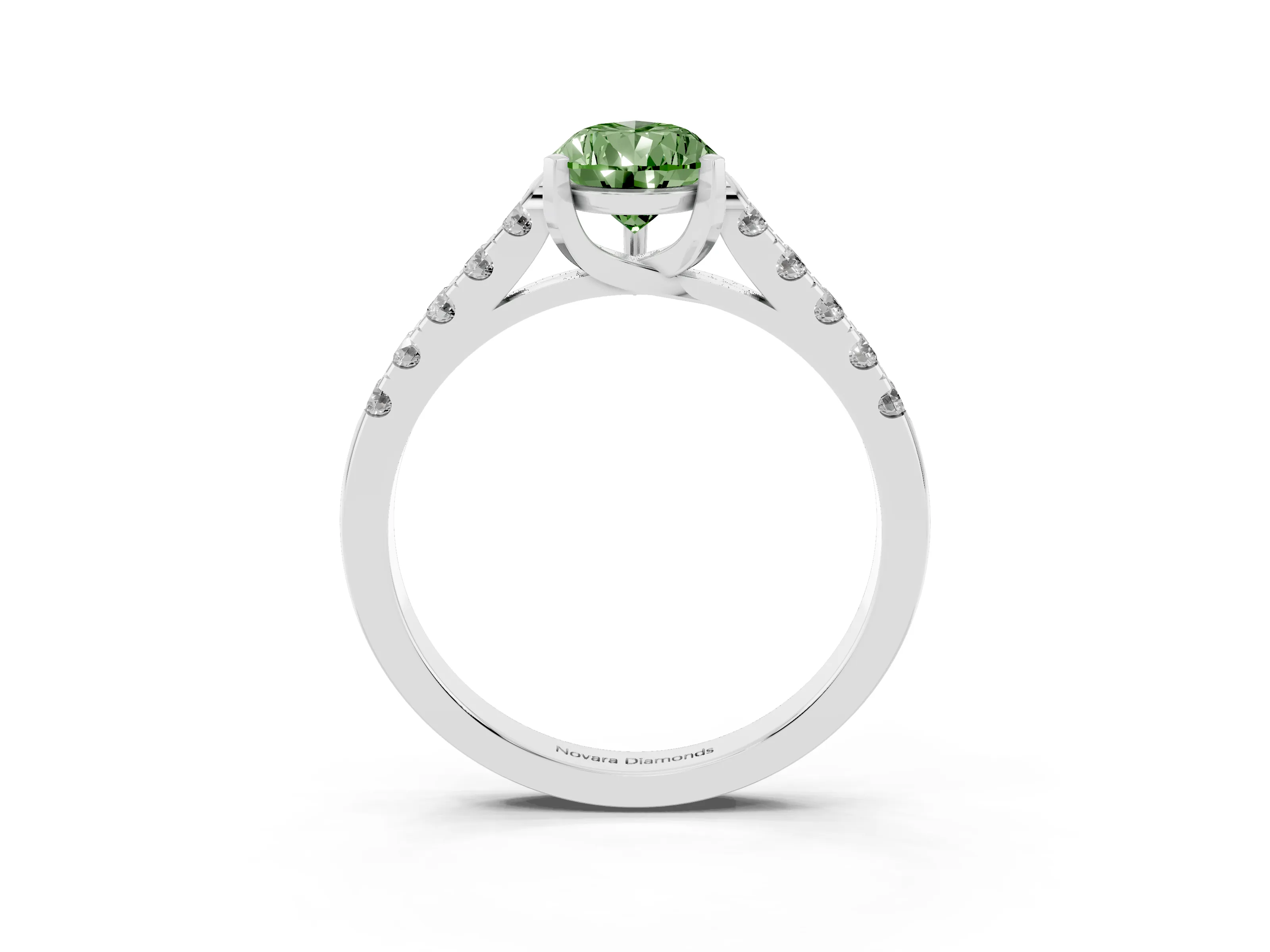 Fancy Green Pear Cut Diamond Pavé Band Solitaire Ring Set in White gold with Partway Accent Stones and Prong Setting