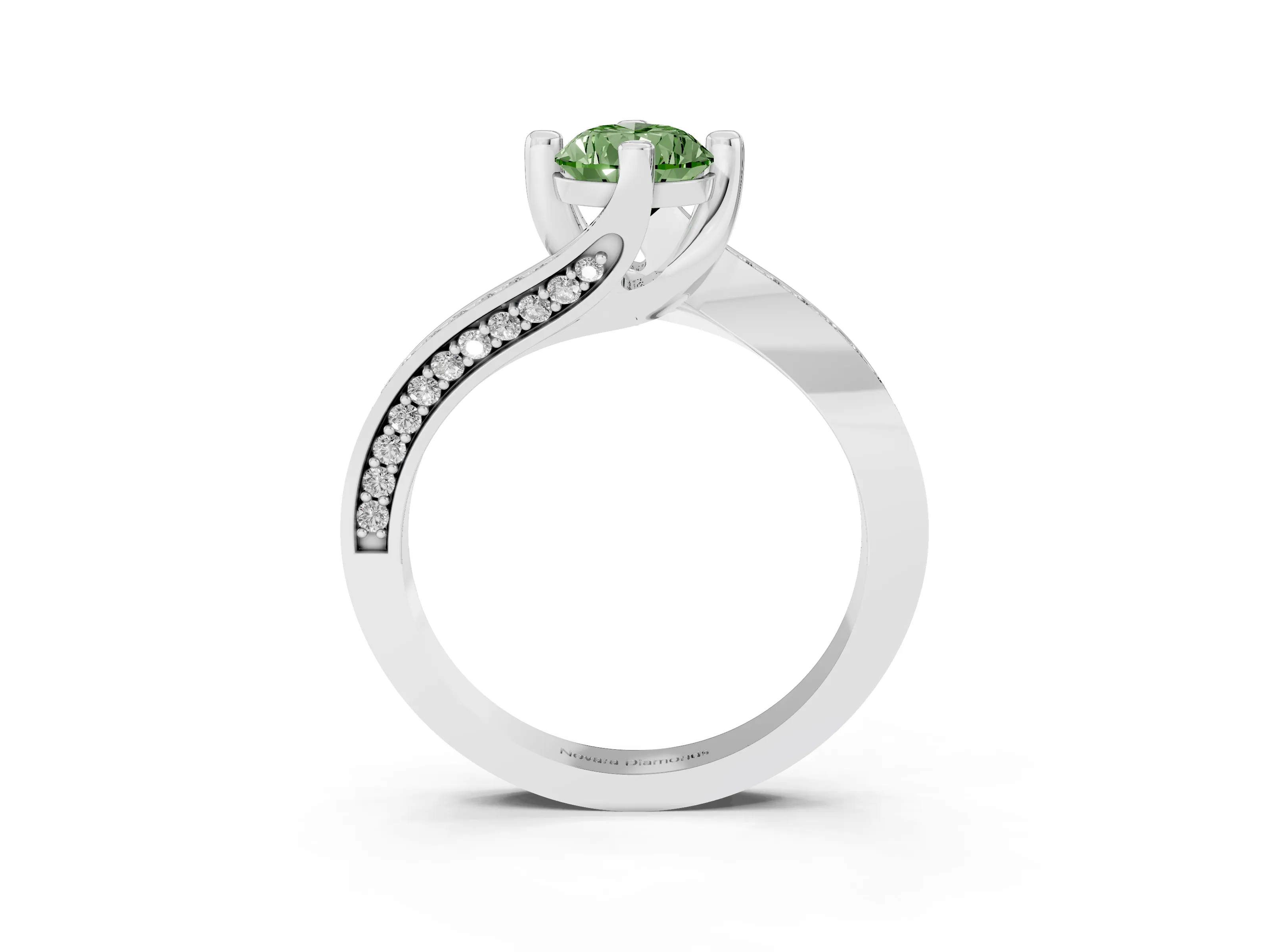Fancy Green Pear Cut Diamond Solitaire Ring Set in Silver with Intertwined Pavé Twist Band
