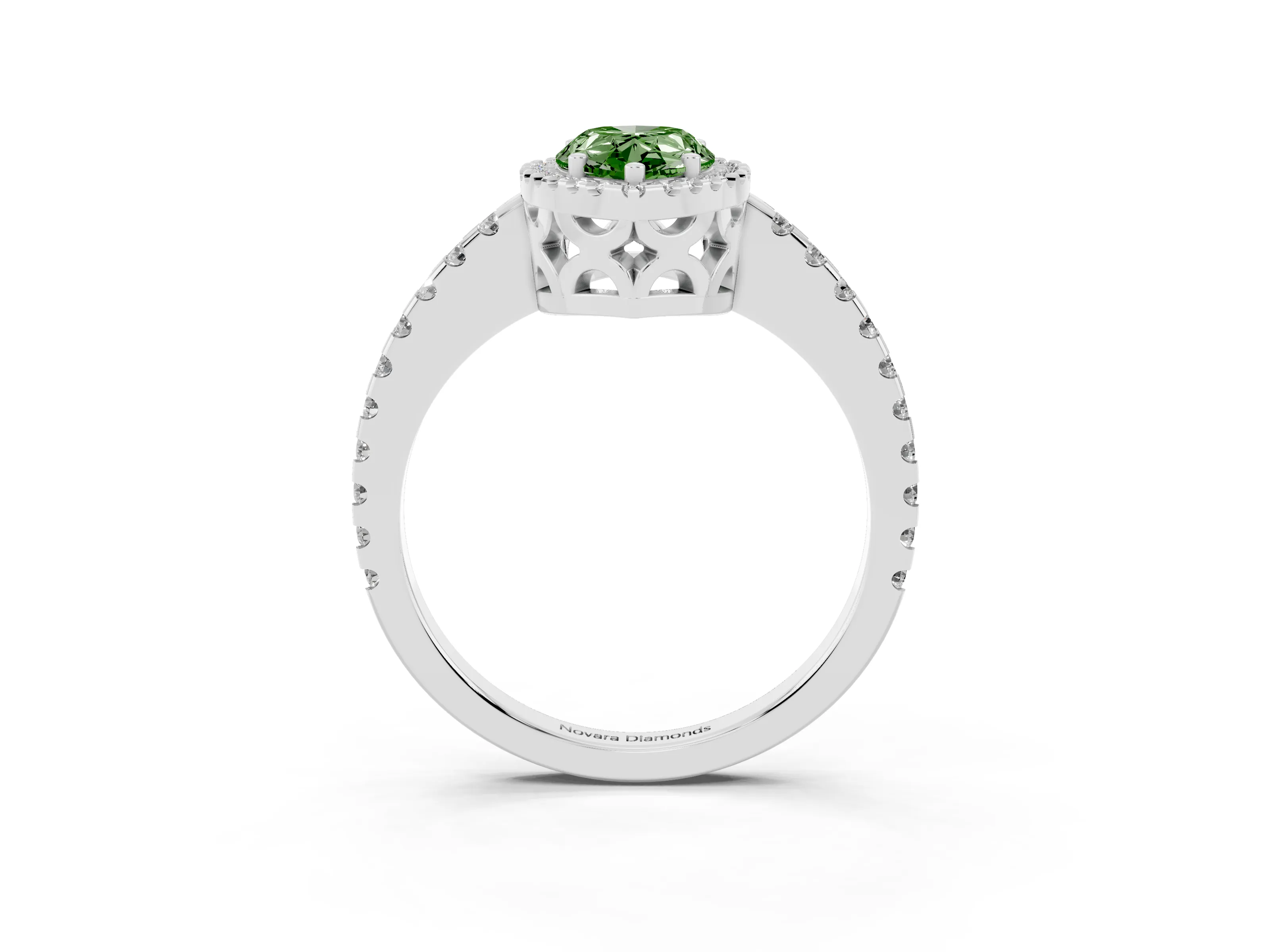 Fancy Green Pear Cut Diamond Halo Ring Set in Silver with Pavé Shoulders and Halo-Framed Center
