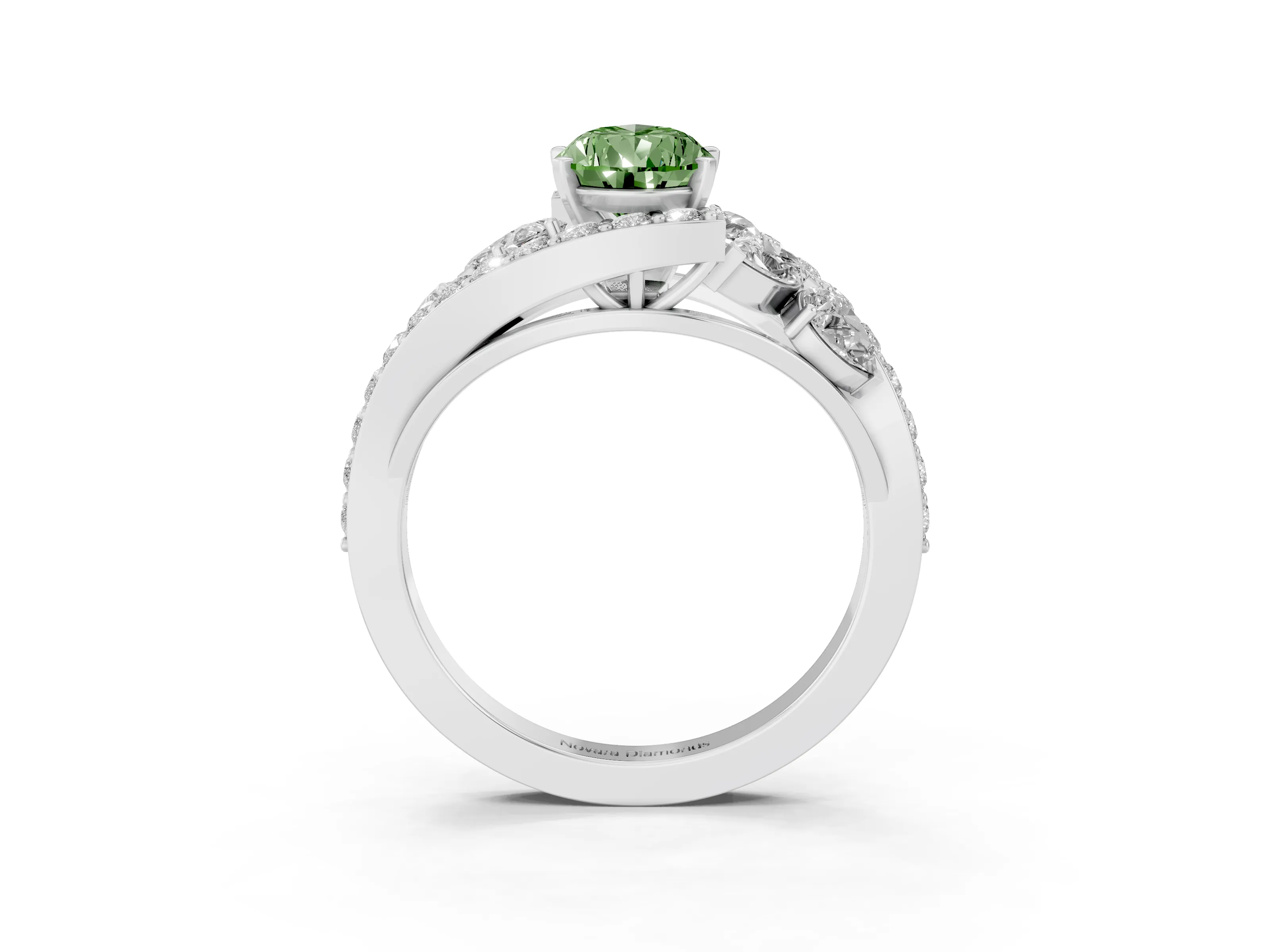Fancy Green Pear Cut Diamond Halo Ring Set in Platinum with Marquise and Pavé Band in Prong Setting
