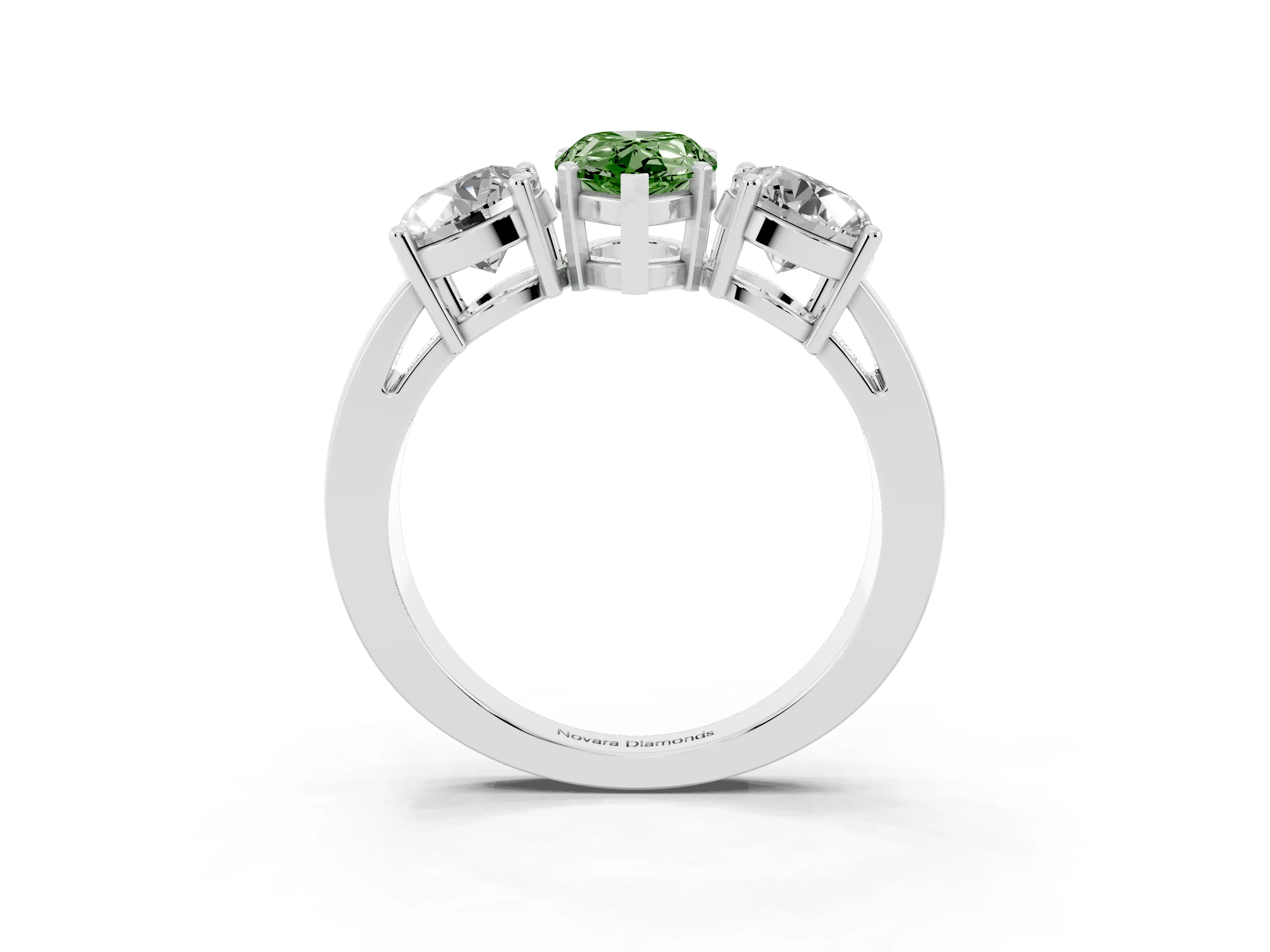 Fancy Green Pear Cut Diamond Three-Stone Ring Set in Silver with Round Side Stones and Classic Band