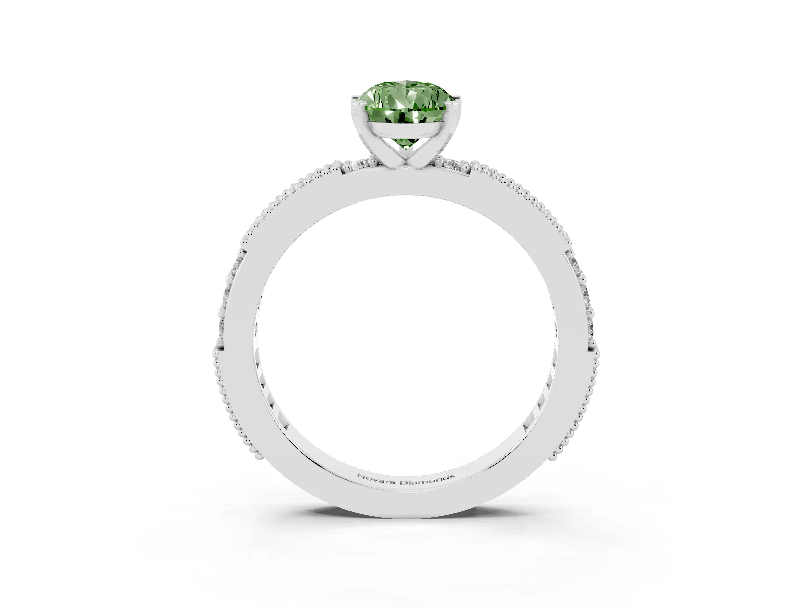 Fancy Green Pear Cut Diamond Solitaire Ring Set in Silver with Slim Pavé Band and Prong Setting