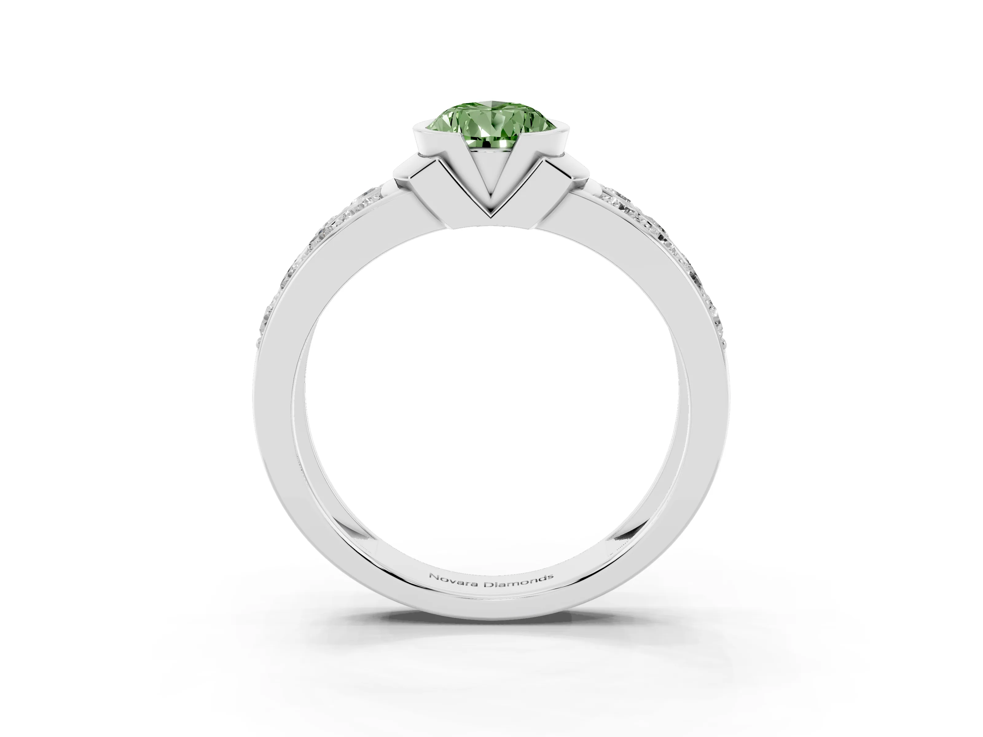 Fancy Green Pear Cut Diamond Wide Channel Set Band Ring Set in Silver with Bezel Setting