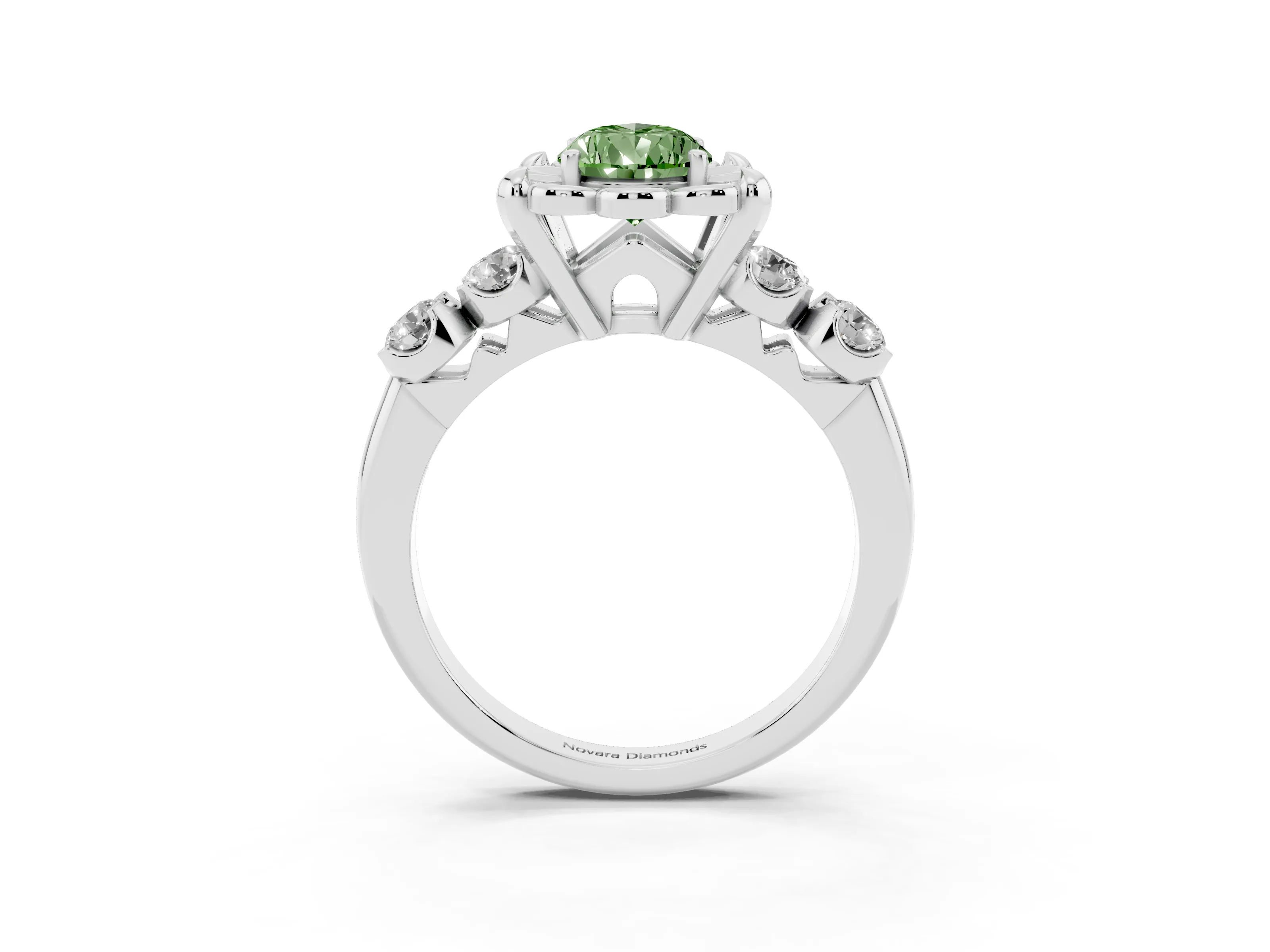 Fancy Green Pear Cut Diamond Floral Halo Ring Set in Platinum with Shared Prong Band