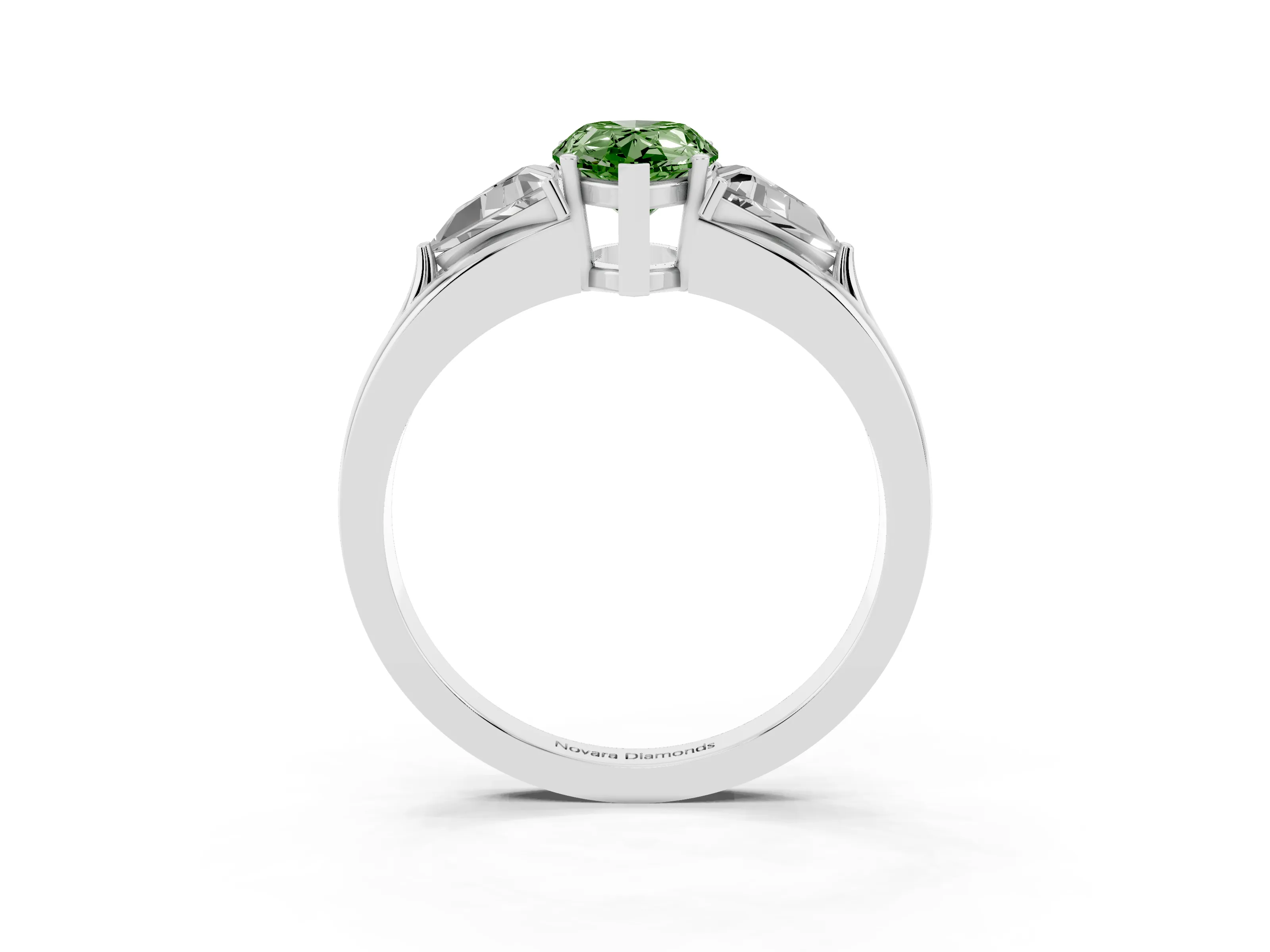 Fancy Green Pear Cut Diamond Three-Stone Ring Set in Silver with Trillion Side Stones and Split Shank