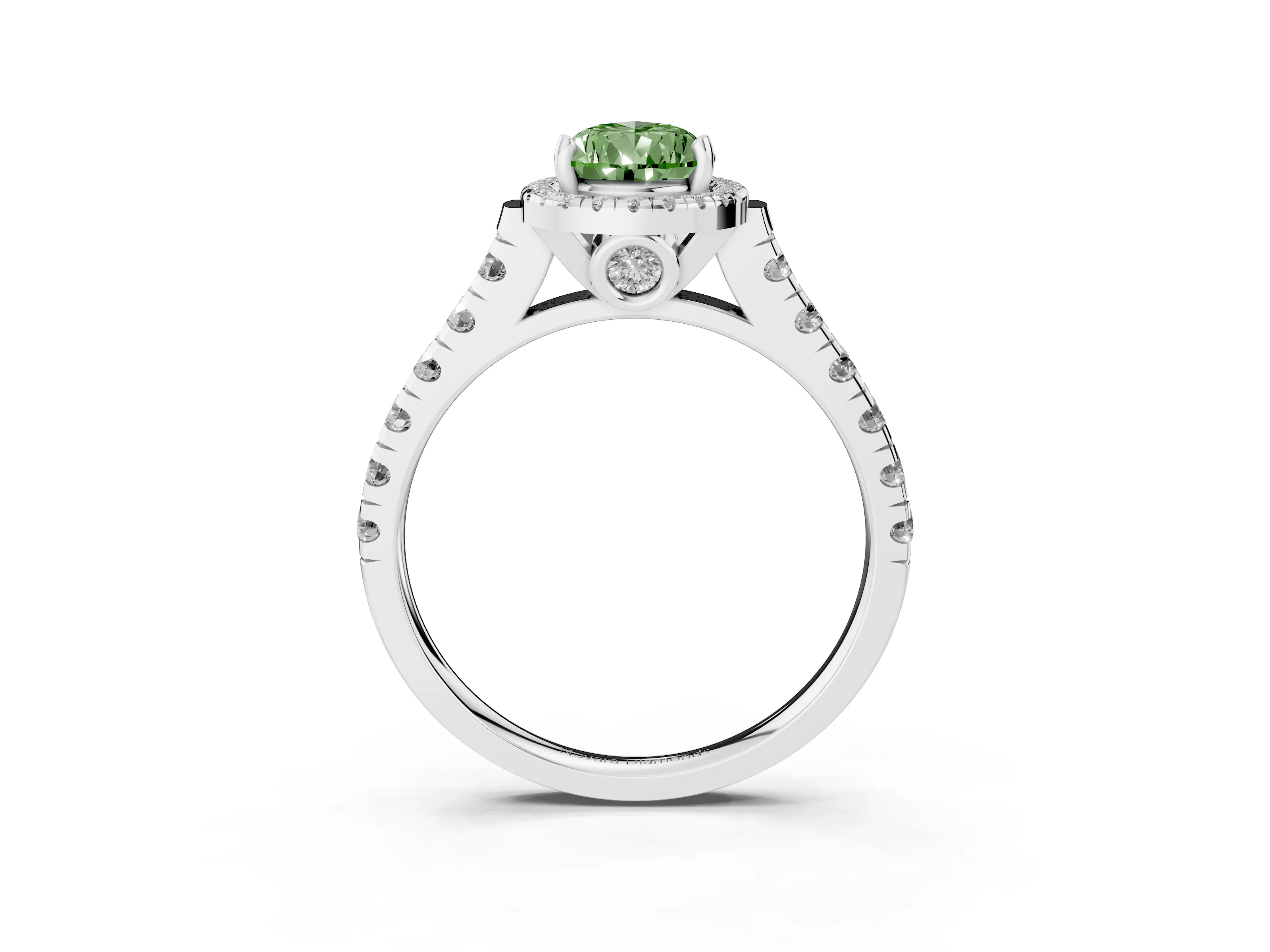 Fancy Green Pear Cut Diamond Halo Engagement Ring Set in Silver with Pavé Band and Prong-Set Center
