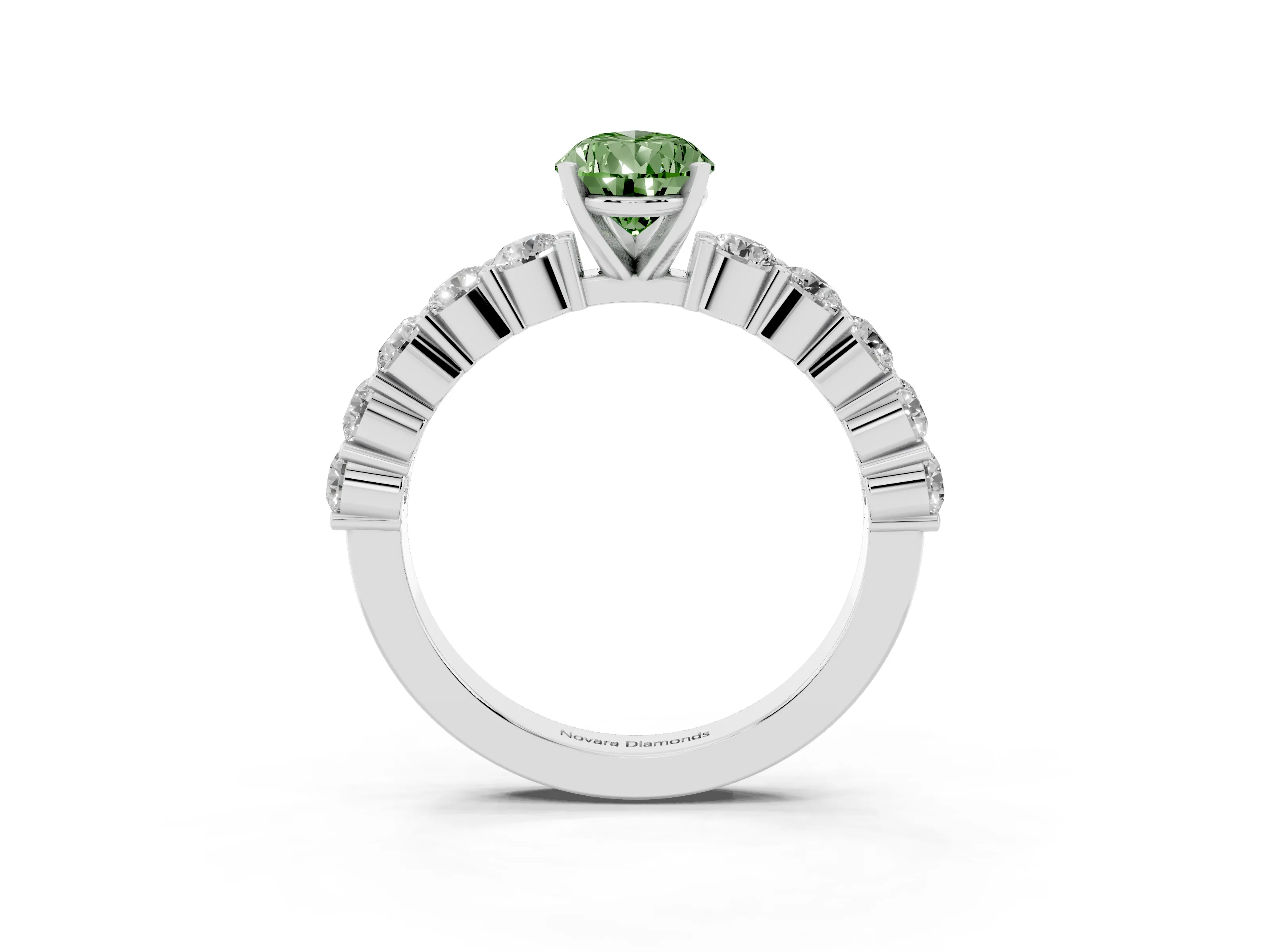 Fancy Green Pear Cut Diamond Solitaire Ring Set in White gold with Shared Prong Round Side Stones