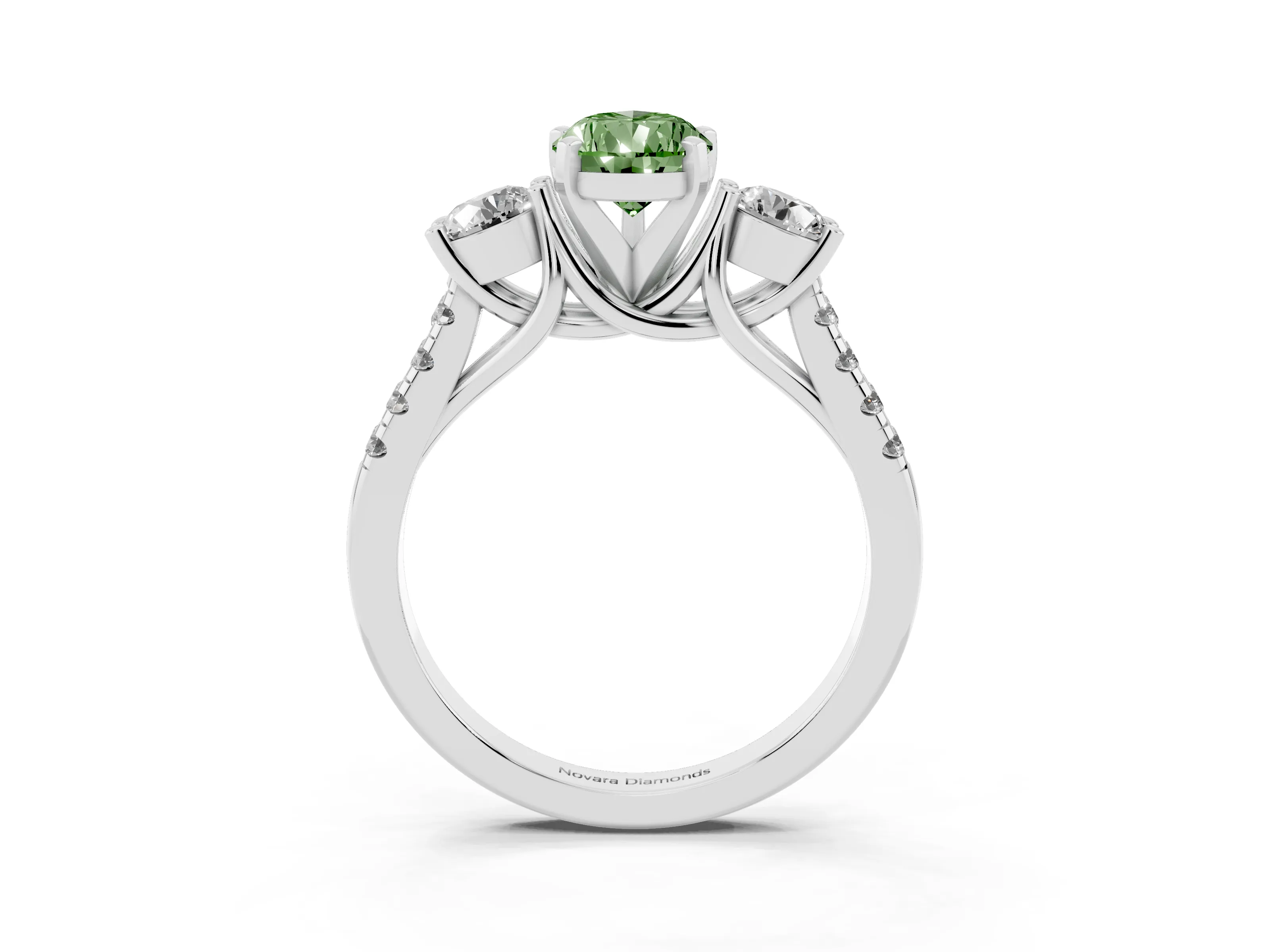 Fancy Green Three-Stone Pear Cut Diamond Pavé Band Ring Set in Silver with Prong-Set Trio