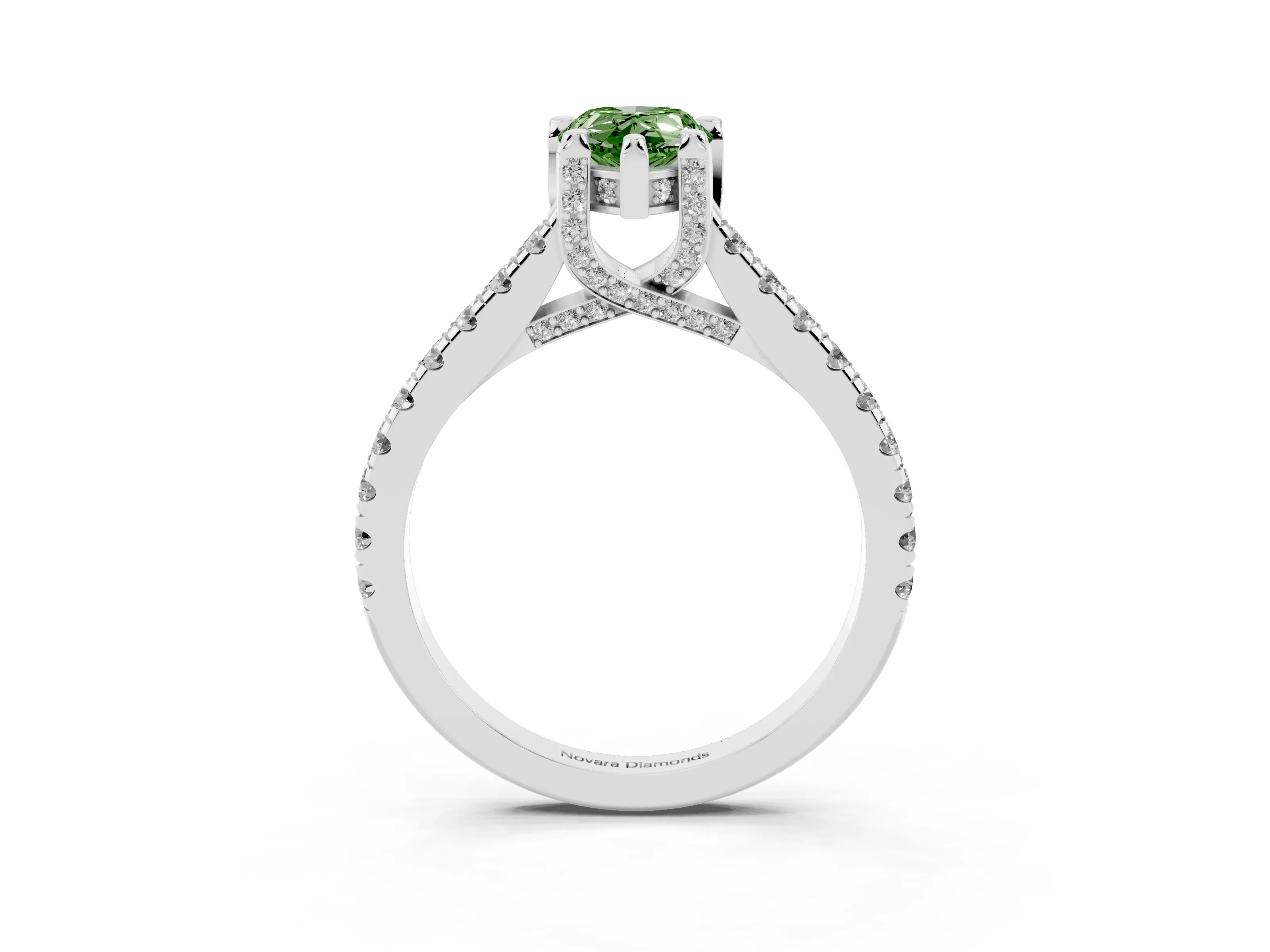 Fancy Green Pear Cut Diamond Solitaire Ring Set in Platinum with Brilliant Pavé Band and Prong Setting