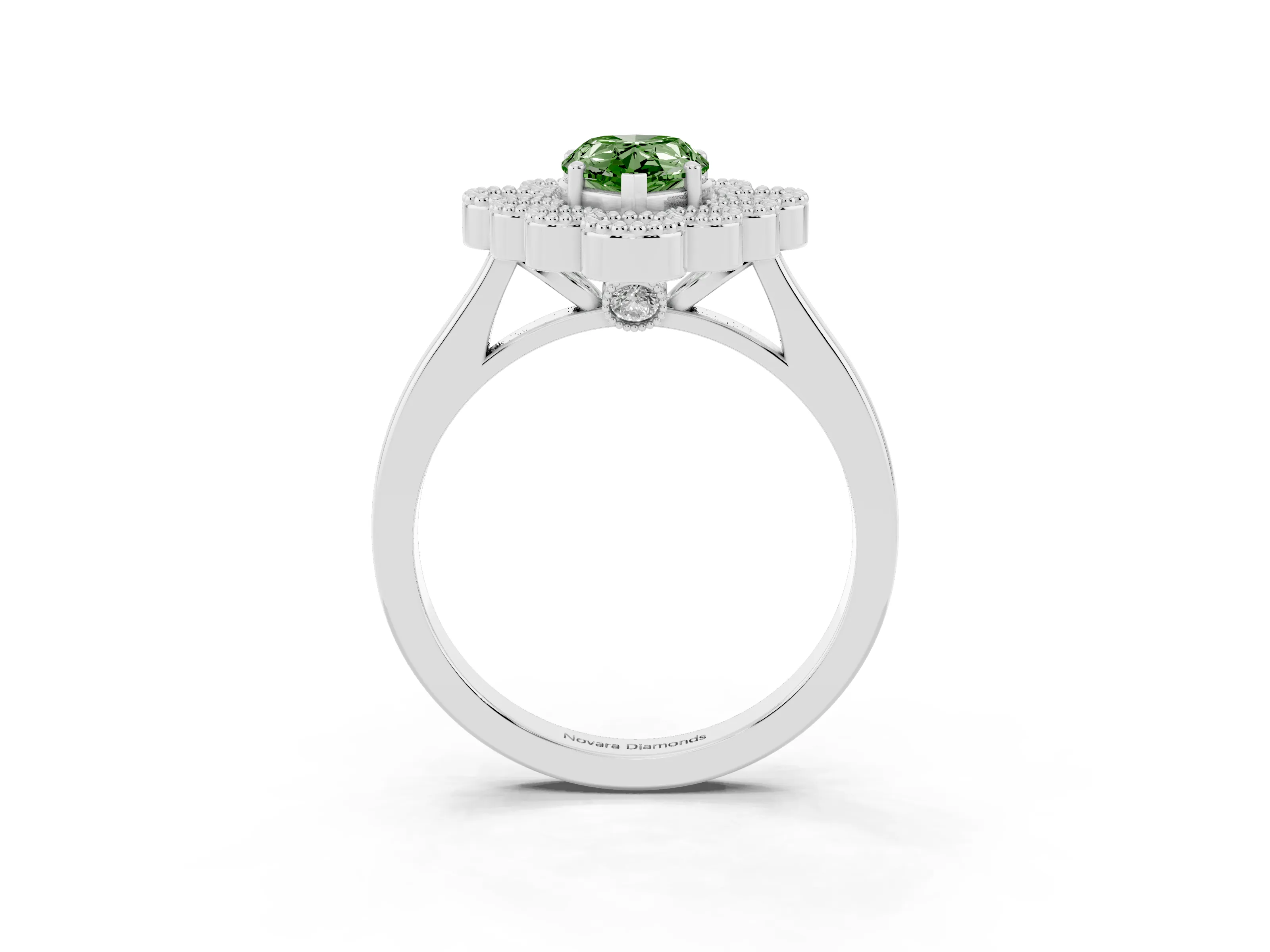 Fancy Green Pear Cut Diamond Cluster Halo Ring Set in White gold with Milgrain Bezel Accents and Plain Band