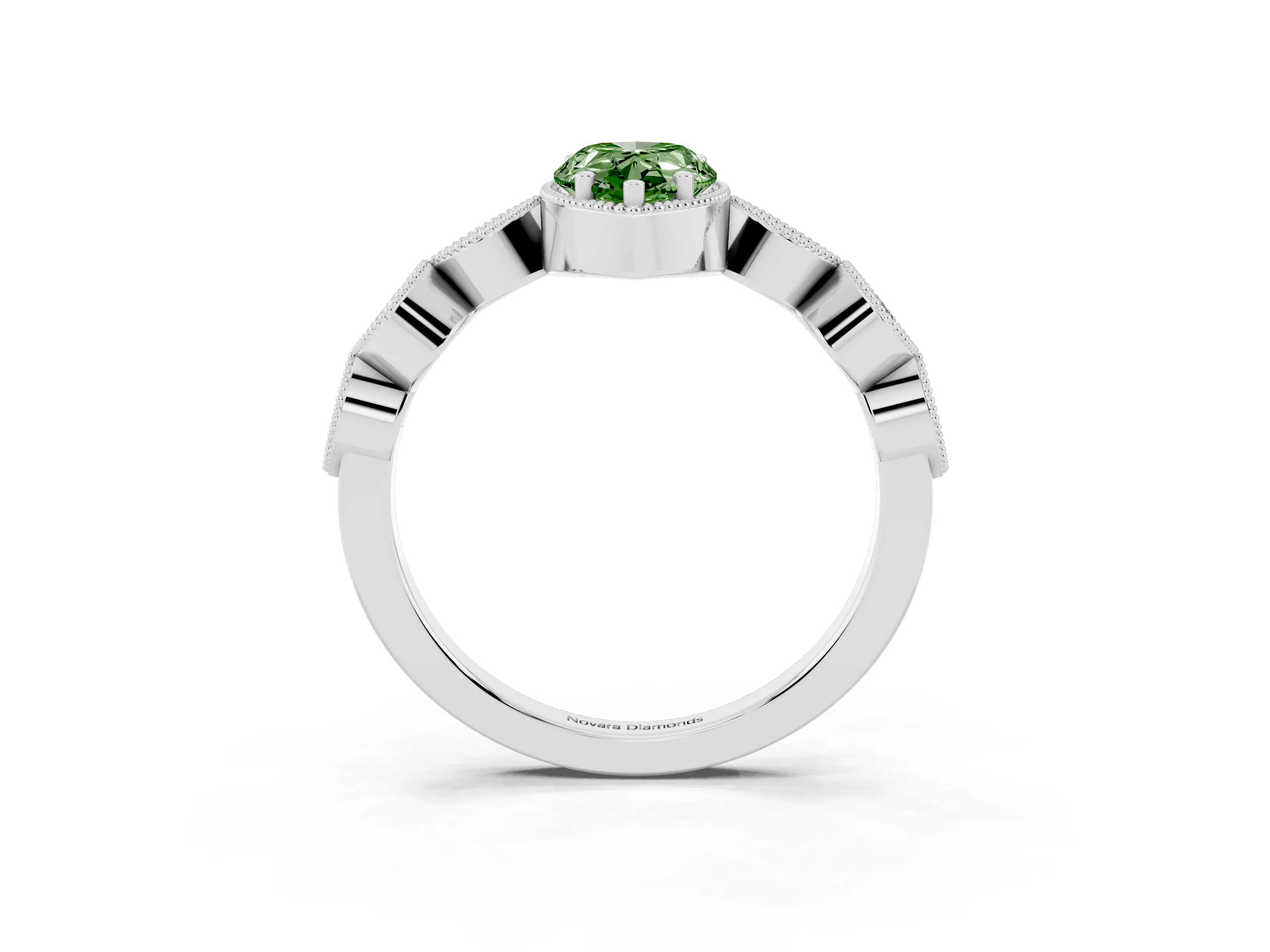 Fancy Green Pear Cut Diamond Vintage-Inspired Milgrain Ring Set in Platinum with Marquise Stations of Round Accents