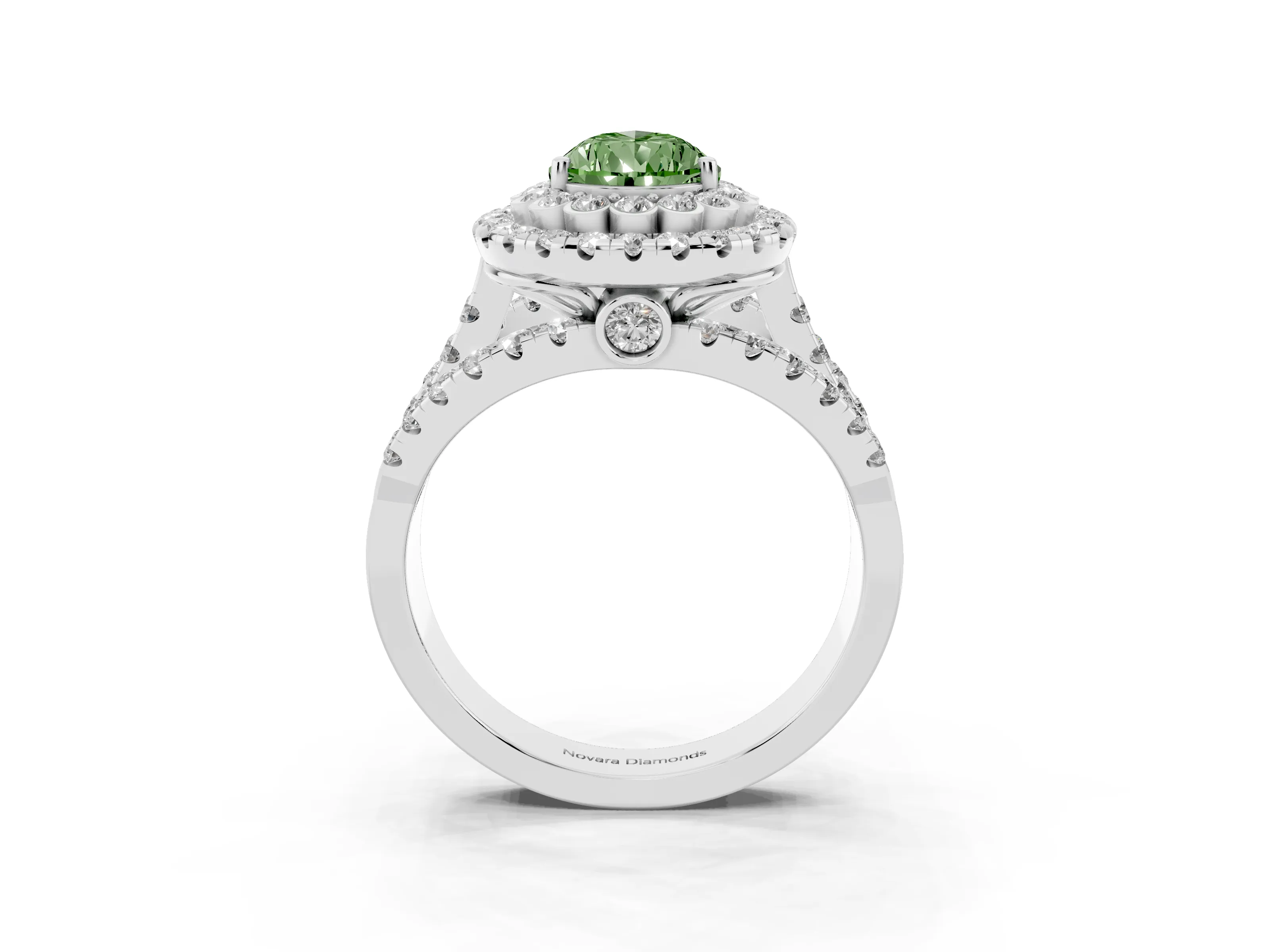 Fancy Green Pear Cut Diamond Double Halo Ring Set in Silver with Round Pavé Split Shank