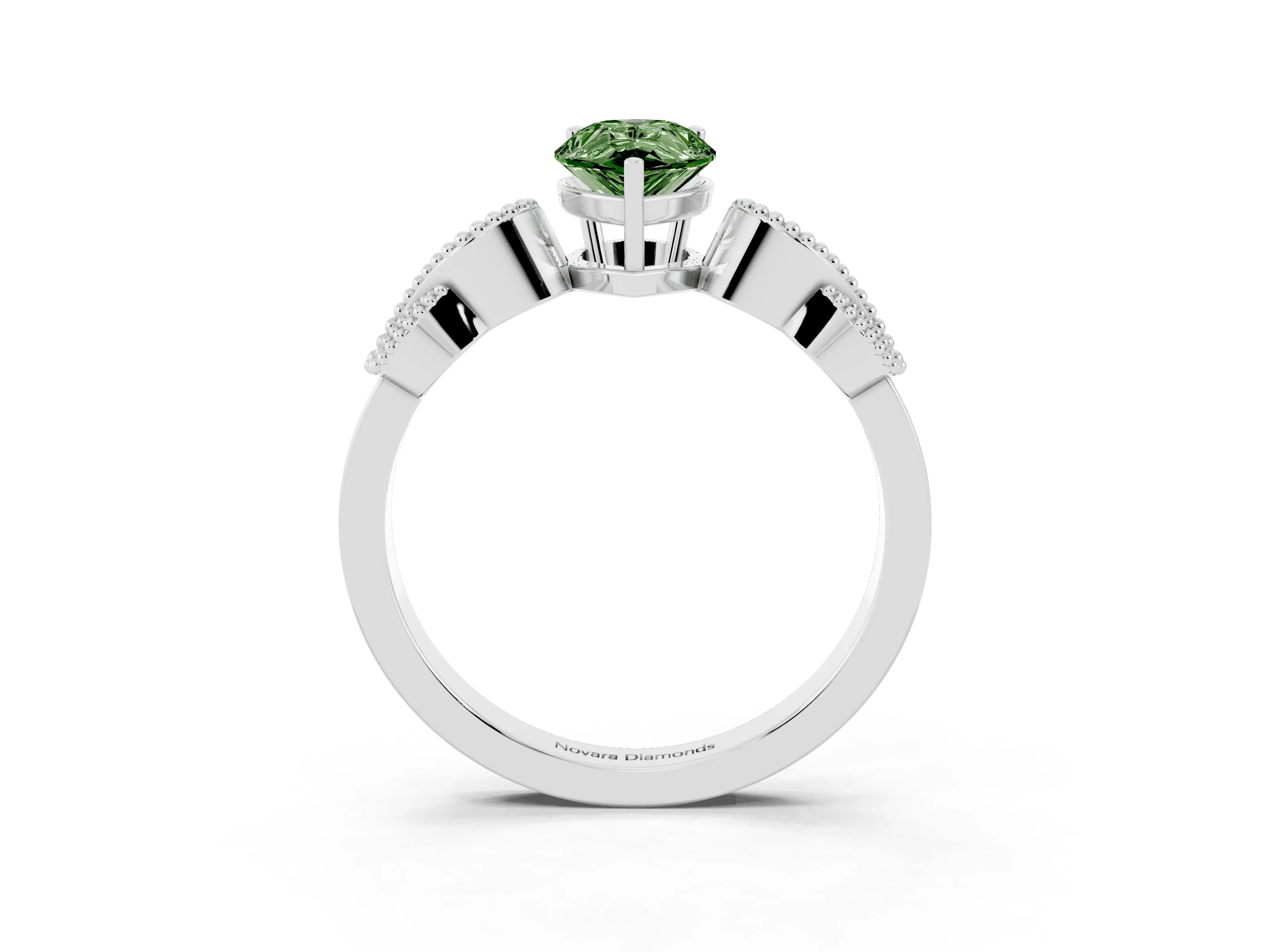 Fancy Green Pear Cut Diamond Milgrain Leaf Band Solitaire Ring Set in White gold with Accent Stones and Prong Setting