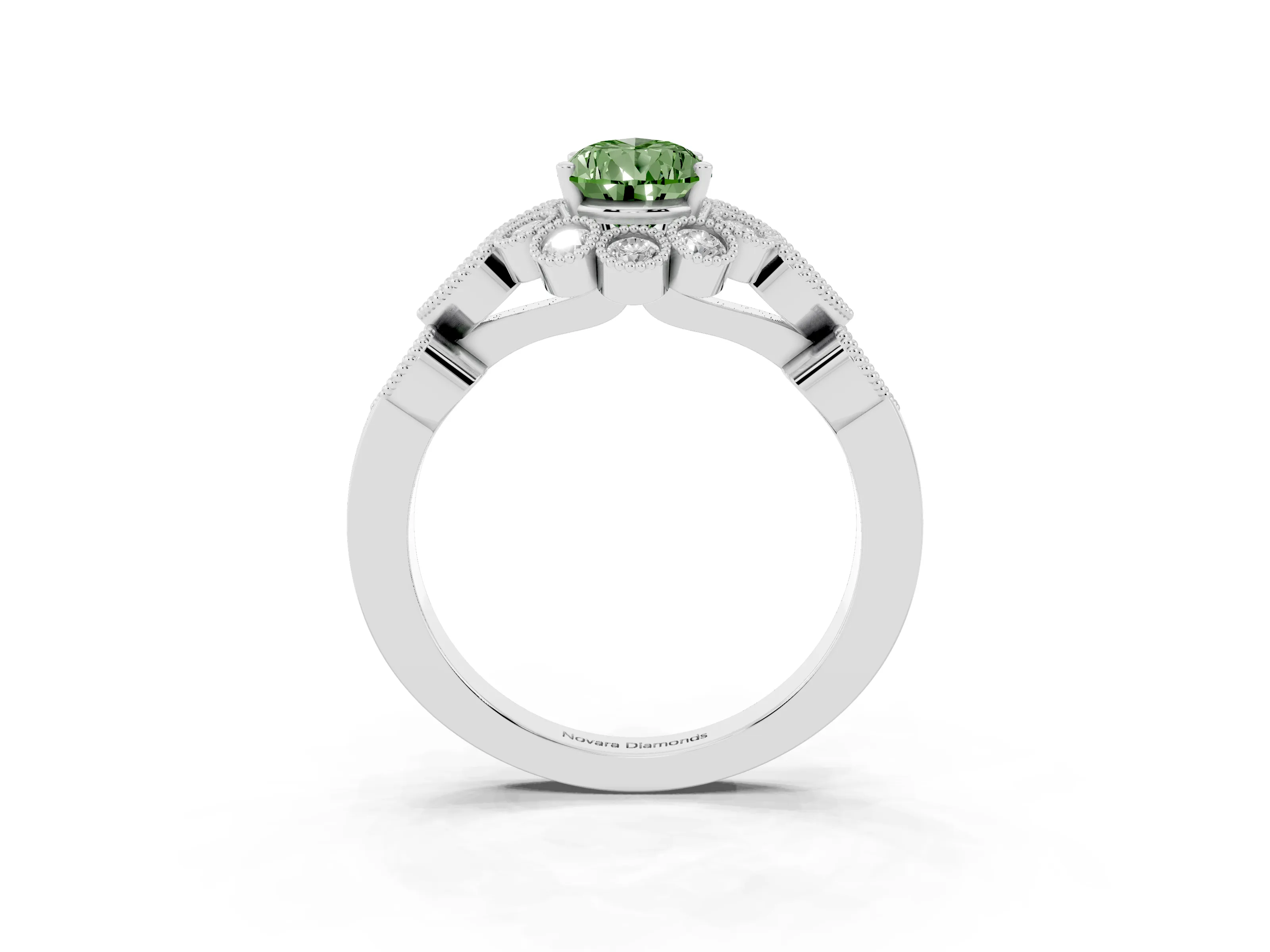 Fancy Green Pear Cut Diamond Solitaire Ring Set in White gold with Milgrain Pavé Heart Band