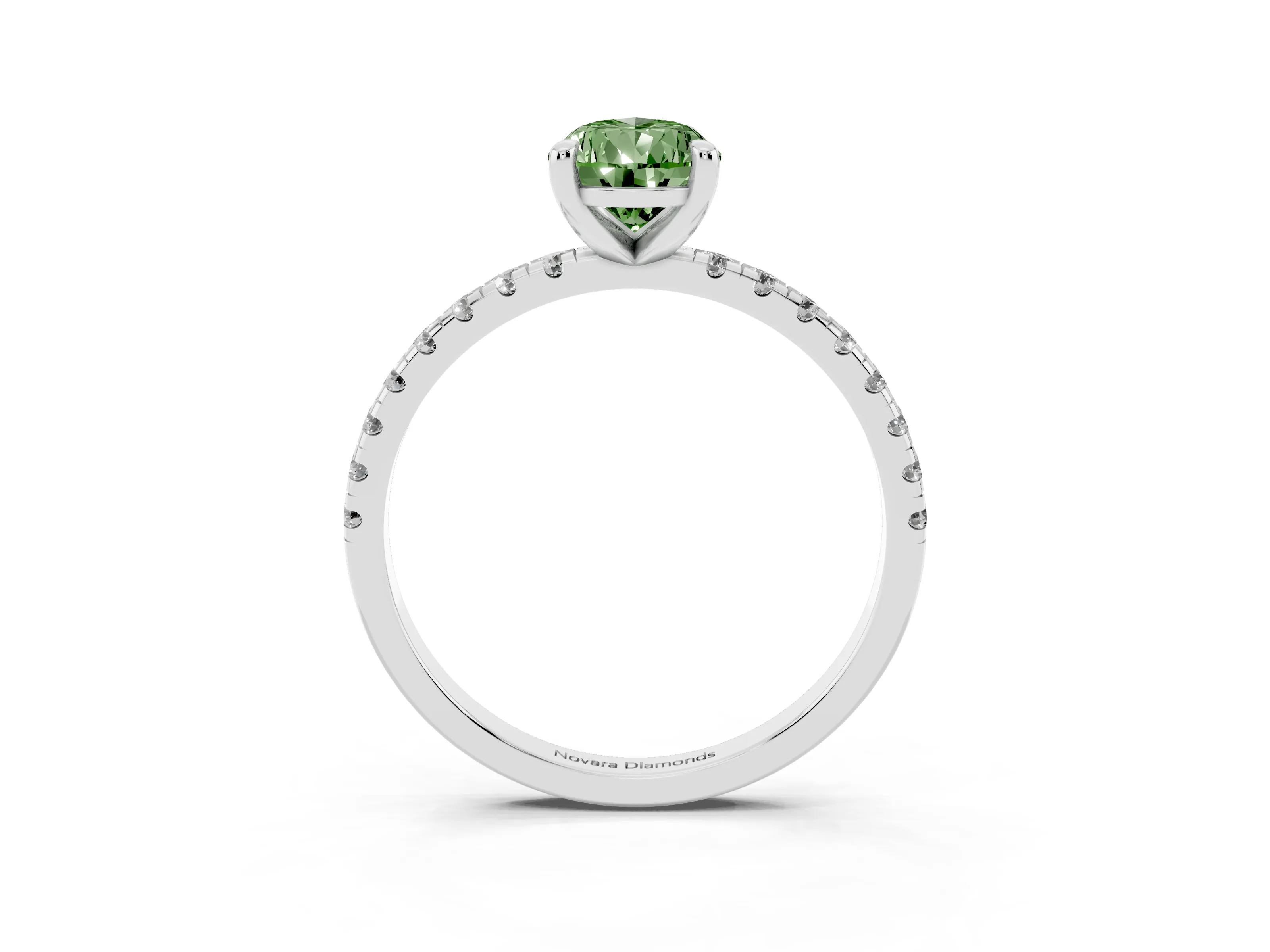 Fancy Green Pear Cut Diamond Brilliant Solitaire Ring Set in White gold with Pavé Band and Prong Setting