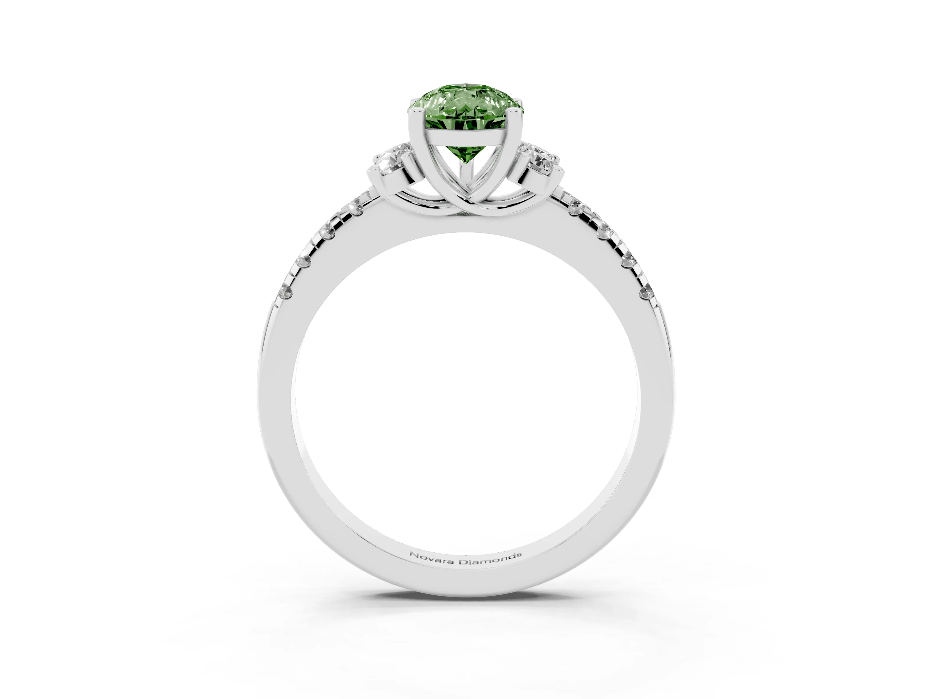 Fancy Green Pear Cut Diamond Three-Stone Pavé Ring Set in White gold with Prong Setting