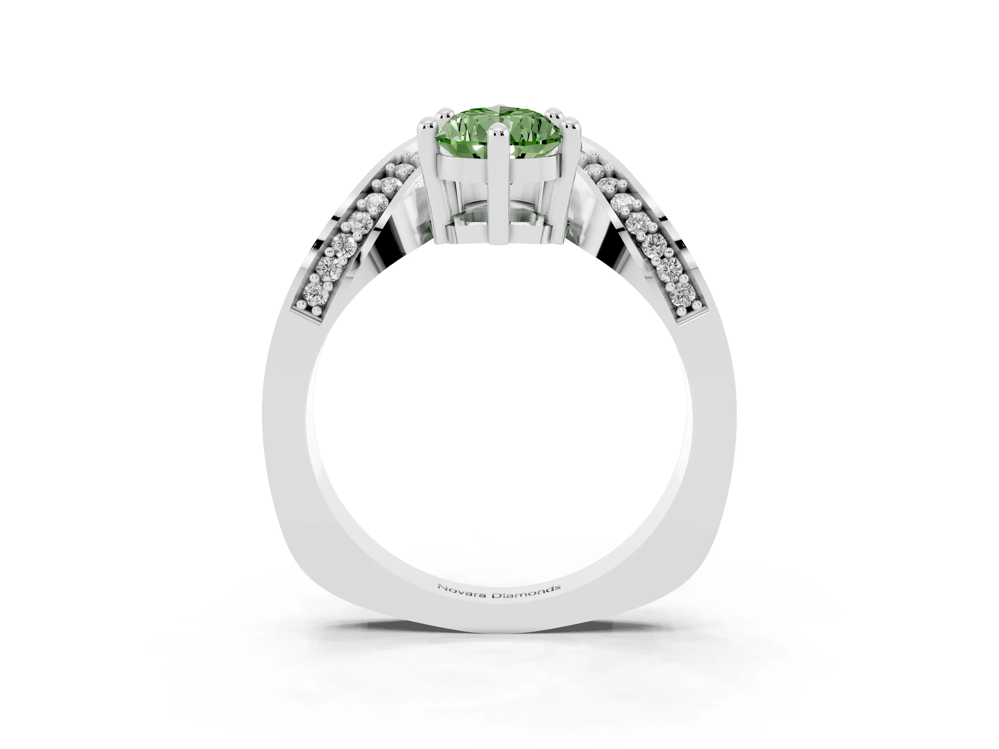 Fancy Green Pear Cut Diamond Solitaire Engagement Ring Set in Silver with Pavé Shoulders