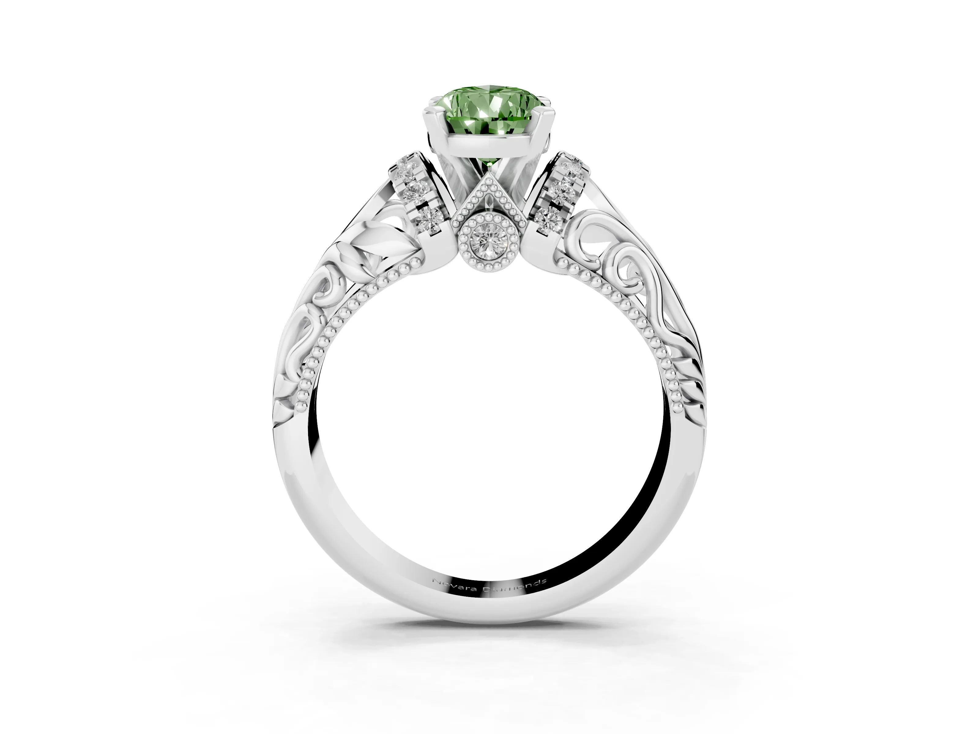 Fancy Green Pear Cut Diamond Filigree Halo Engagement Ring Set in White gold with Prong Setting