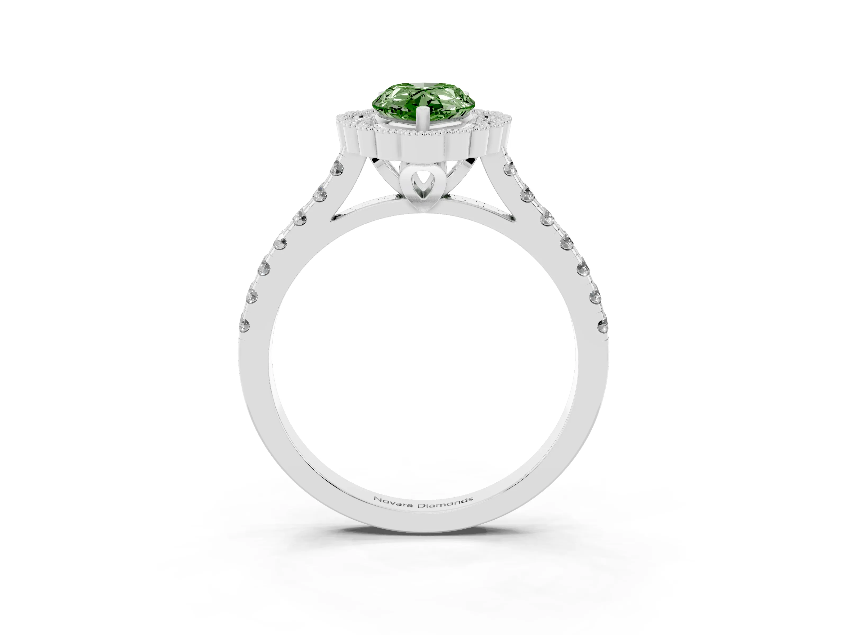 Fancy Green Pear Cut Diamond Milgrain Floral Halo Engagement Ring Set in Silver with Pavé Band