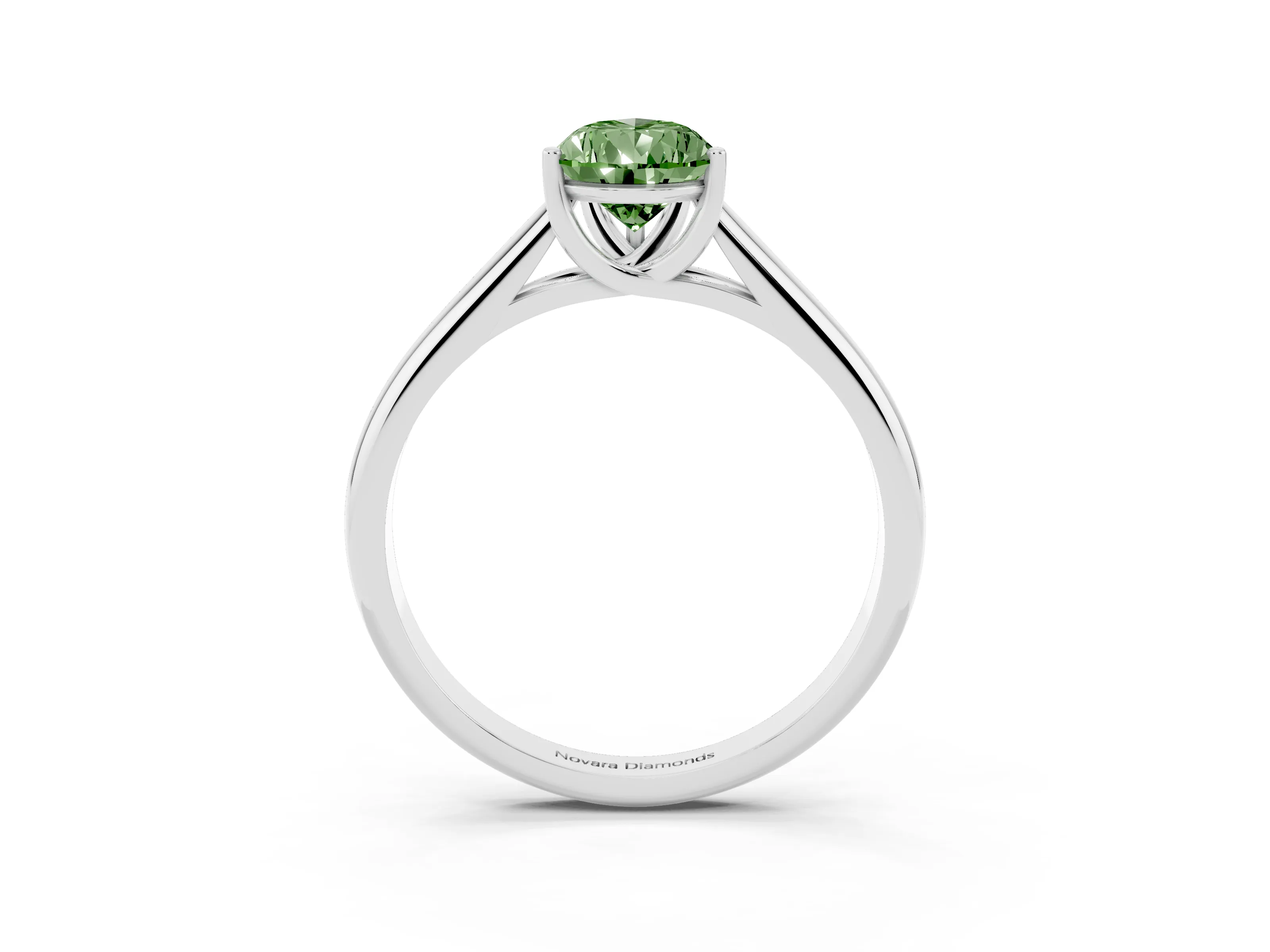 Fancy Green Pear Cut Diamond Solitaire Engagement Ring Set in White gold with Subtly Tapered Band and Prong Setting