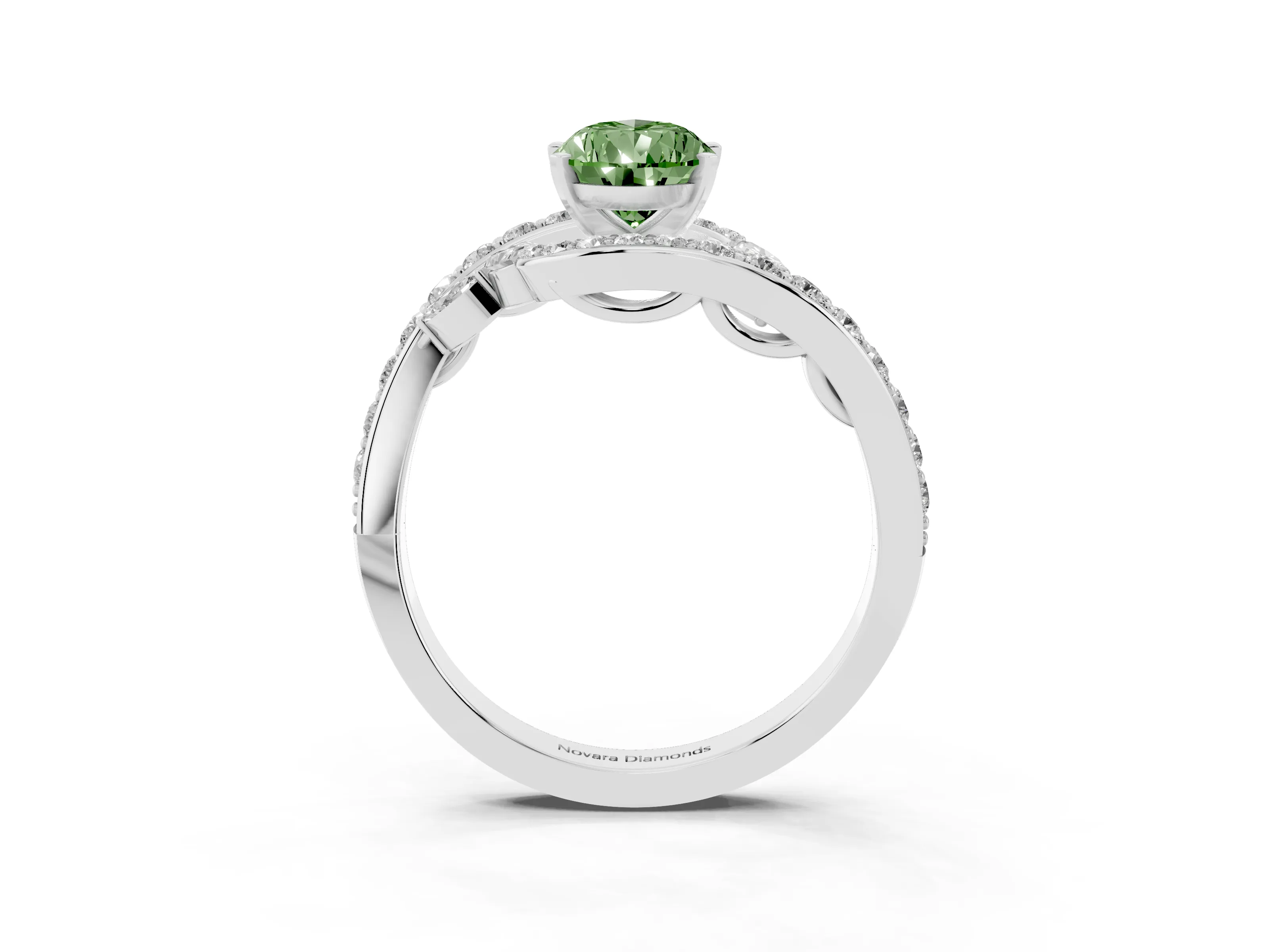 Fancy Green Pear Cut Diamond Solitaire Ring Set in White gold with Pavé Twist Band and Secure Prong Setting