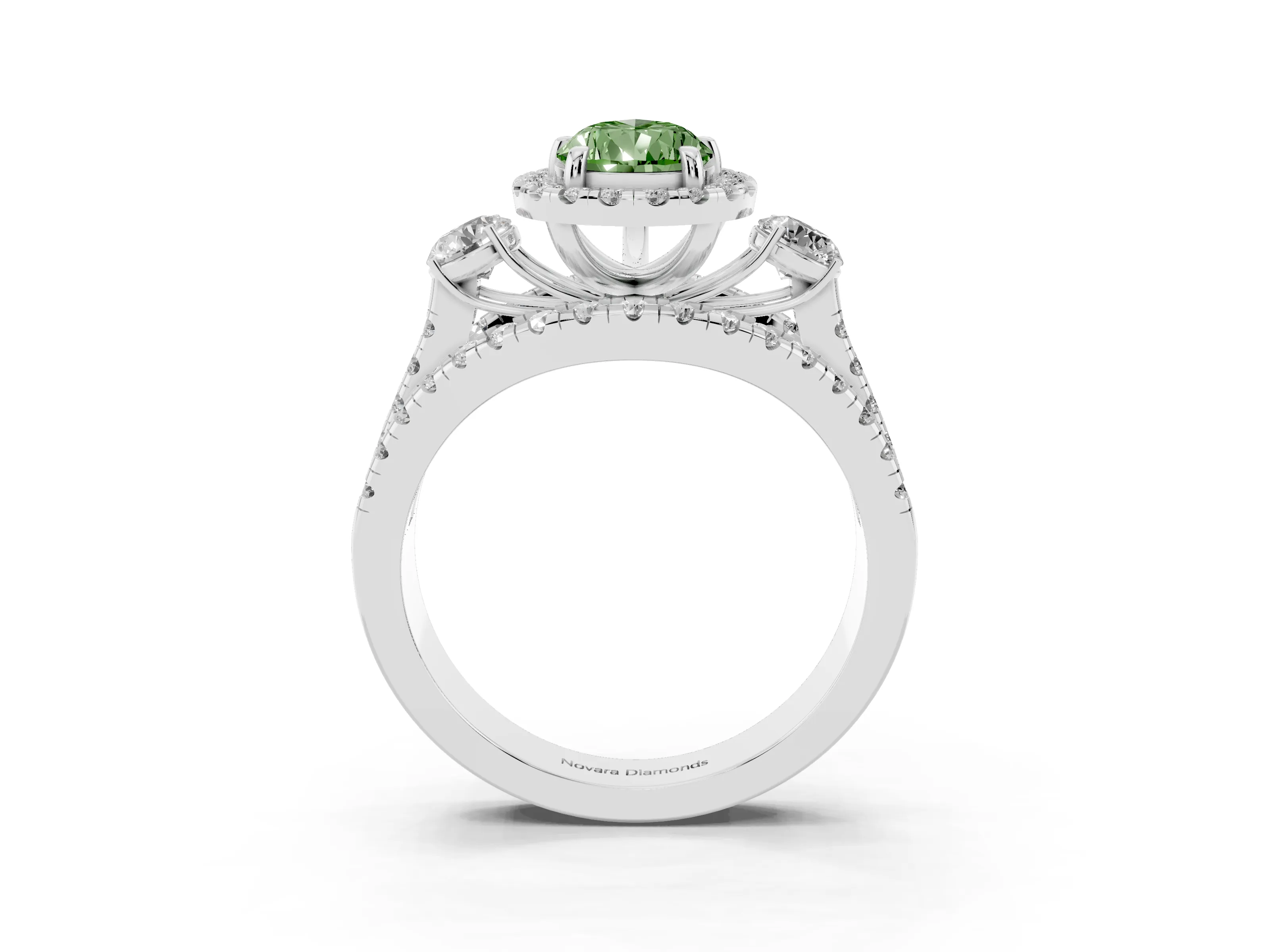 Fancy Green Pear Cut Diamond Halo Split Shank Ring Set in White gold with Round Accent Stones and Prong Setting
