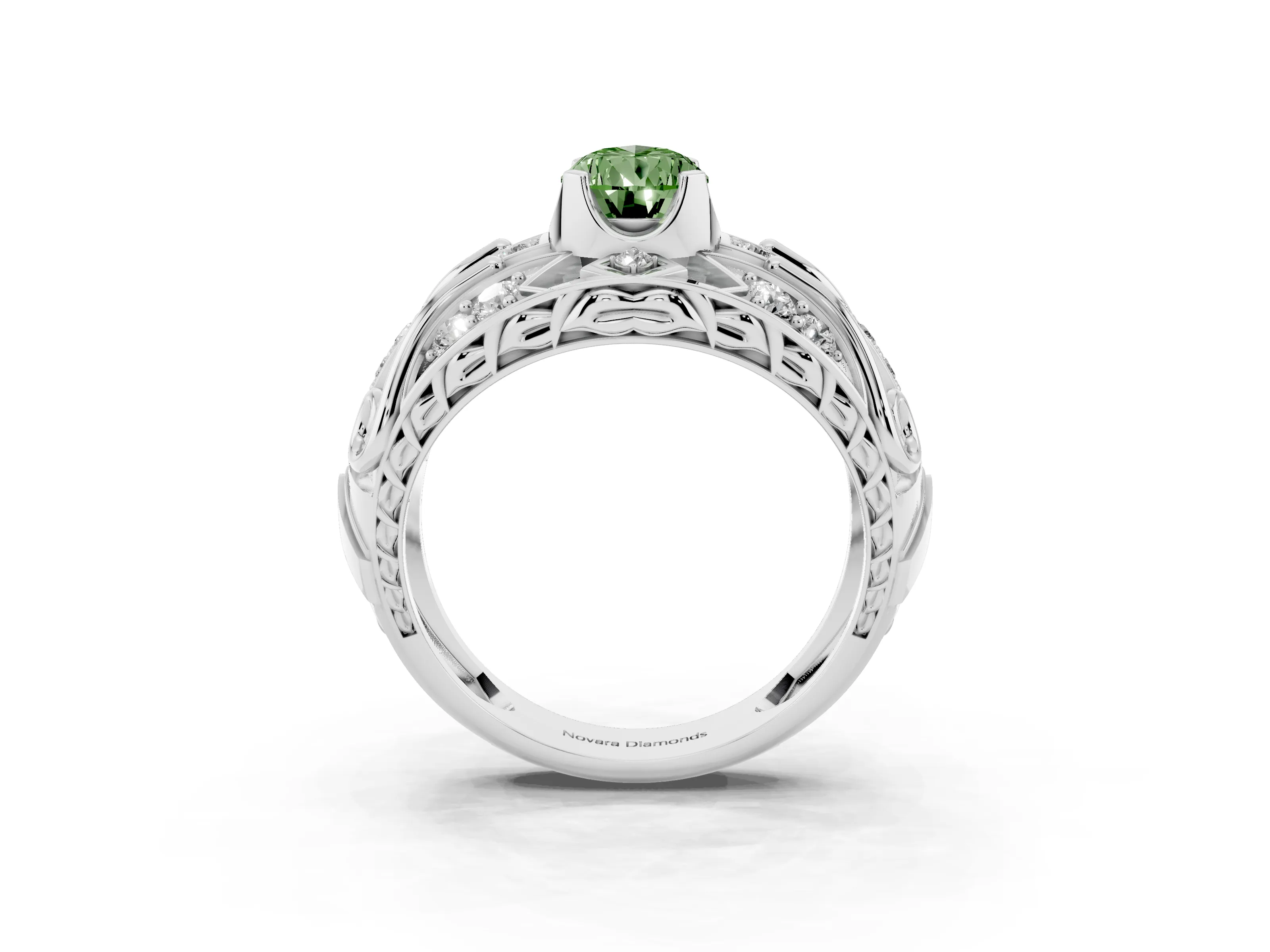 Fancy Green Pear Cut Diamond Art Deco Ring Set in Platinum with Pavé Split Shank