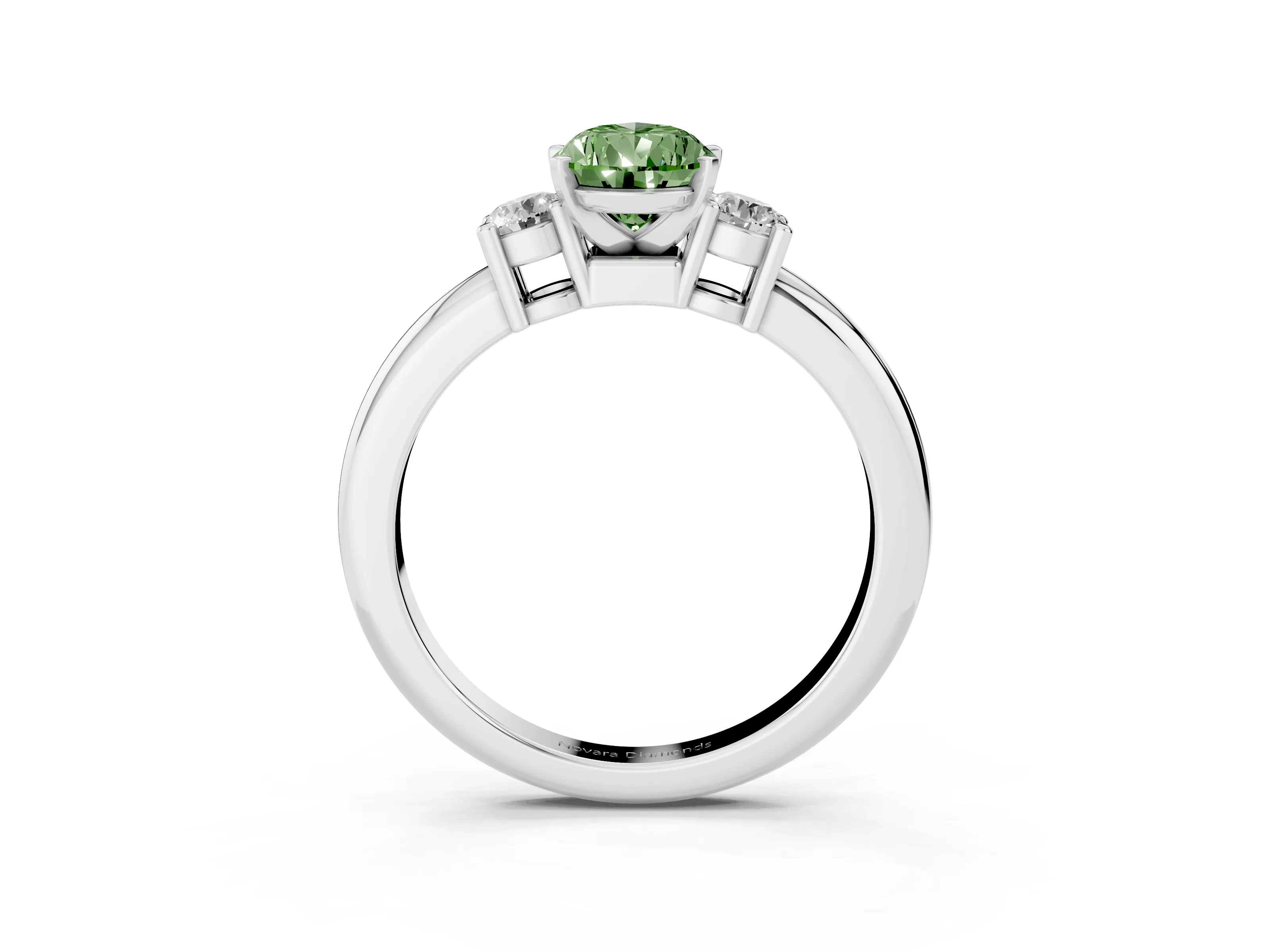 Fancy Green Three-Stone Pear Cut Diamond Ring Set in Platinum with Prong Setting and Plain Band