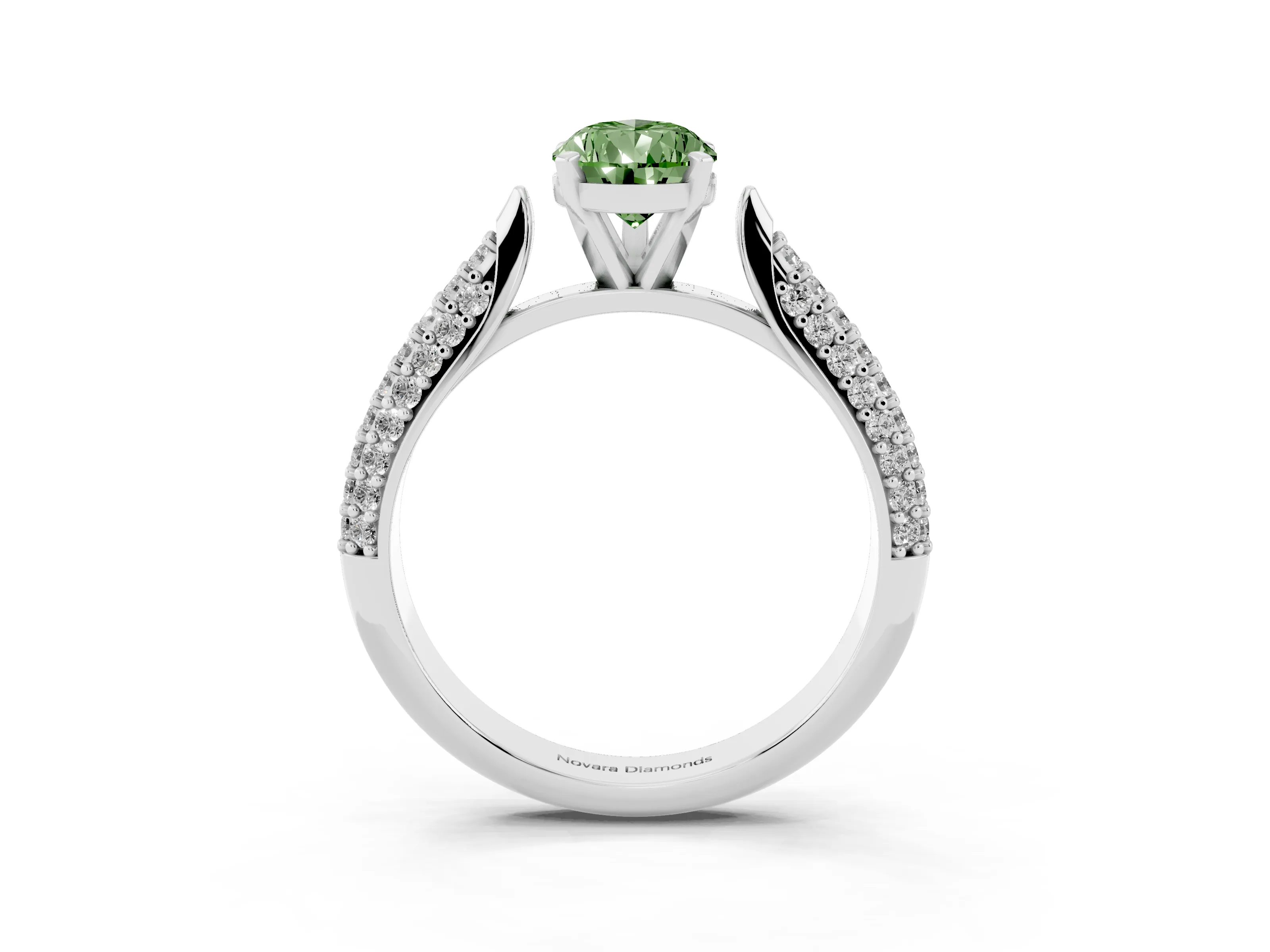 Fancy Green Pear Cut Diamond Solitaire Engagement Ring Set in White gold with Multi-Row Round Pavé Band and Prong Setting