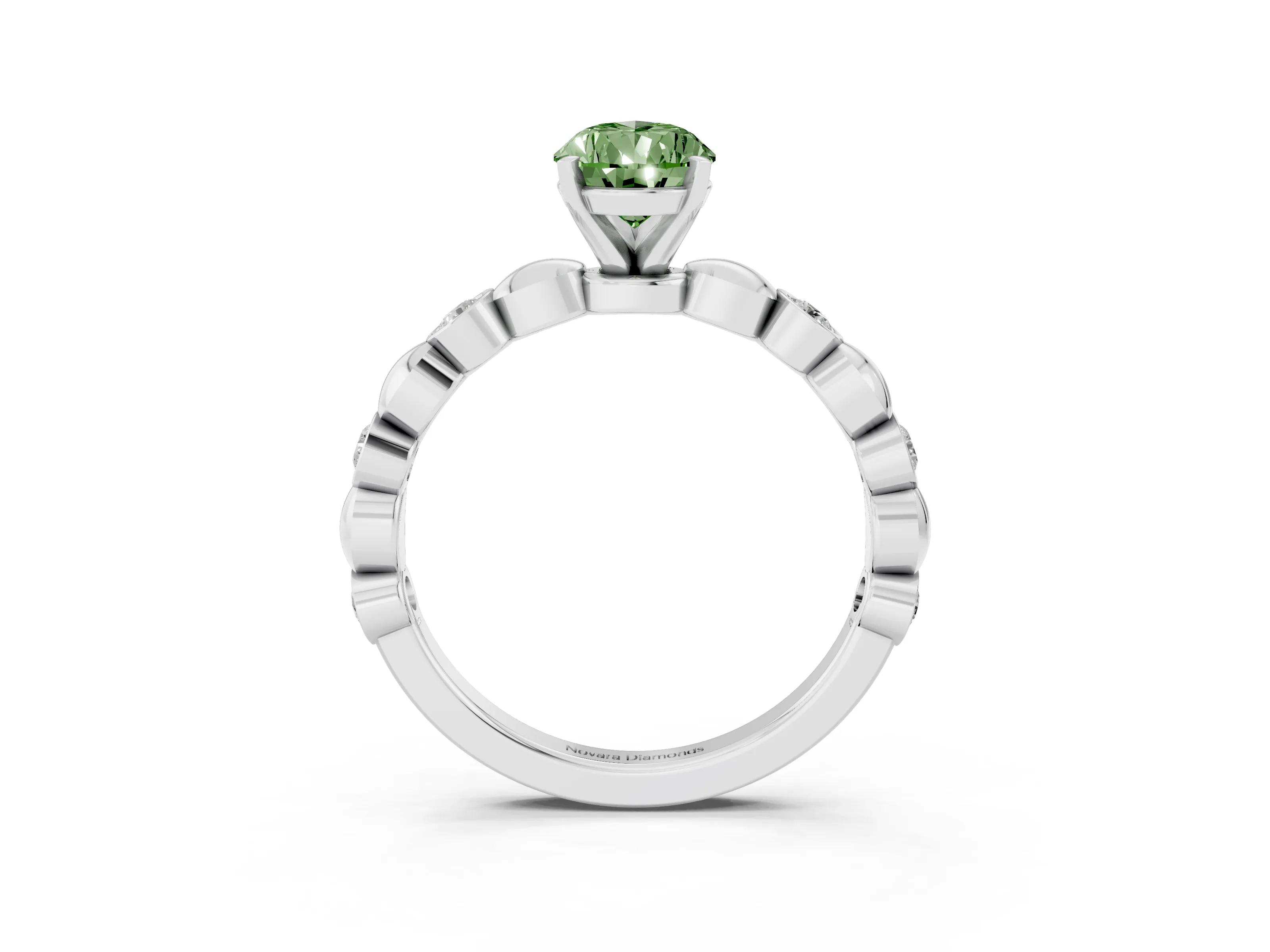 Fancy Green Pear Cut Diamond Solitaire Ring Set in Silver with Bezel-Set Accents on Beaded Band and Prong Setting