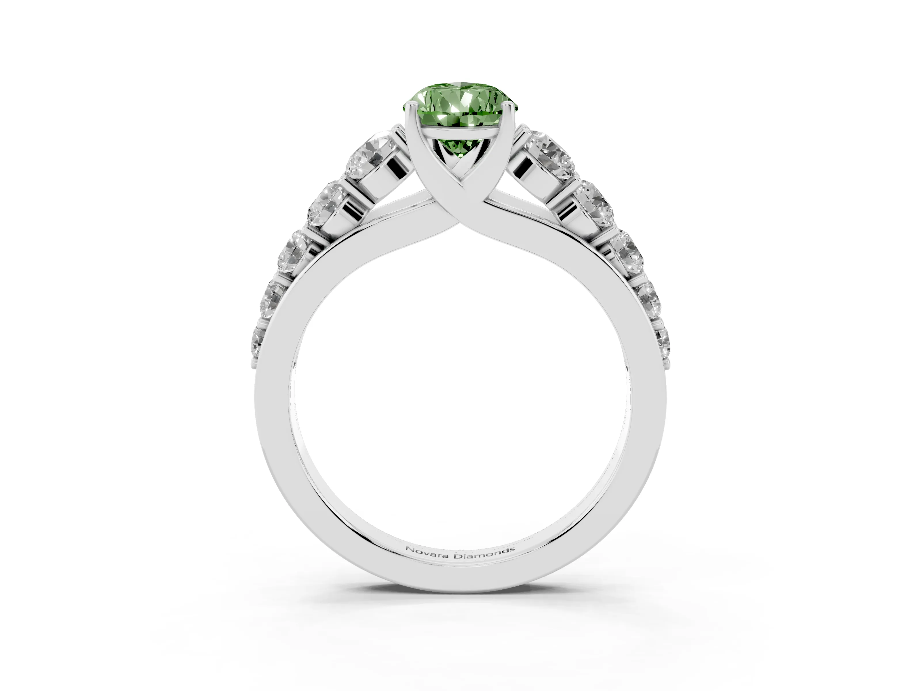 Fancy Green Pear Cut Diamond Solitaire Ring Set in Silver with Pavé-Set Band and Prong Setting