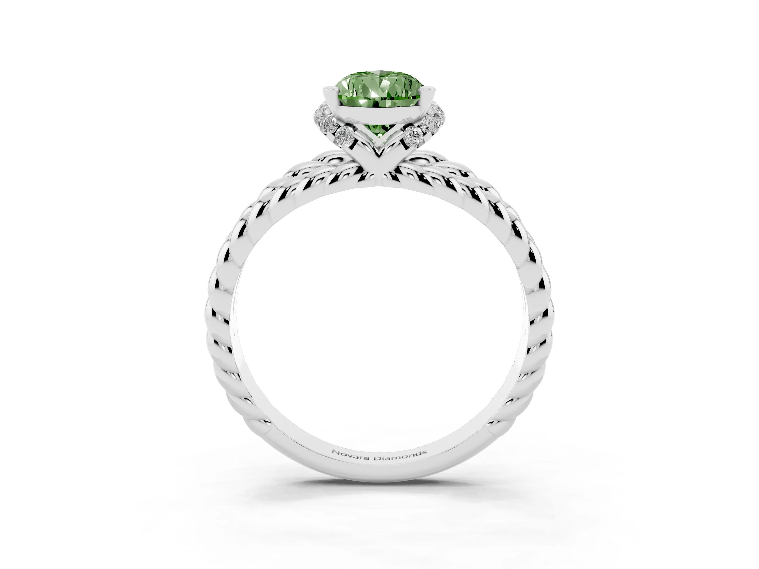 Fancy Green Pear Cut Diamond Halo Ring Set in White gold with Twisted Band and Prong Setting