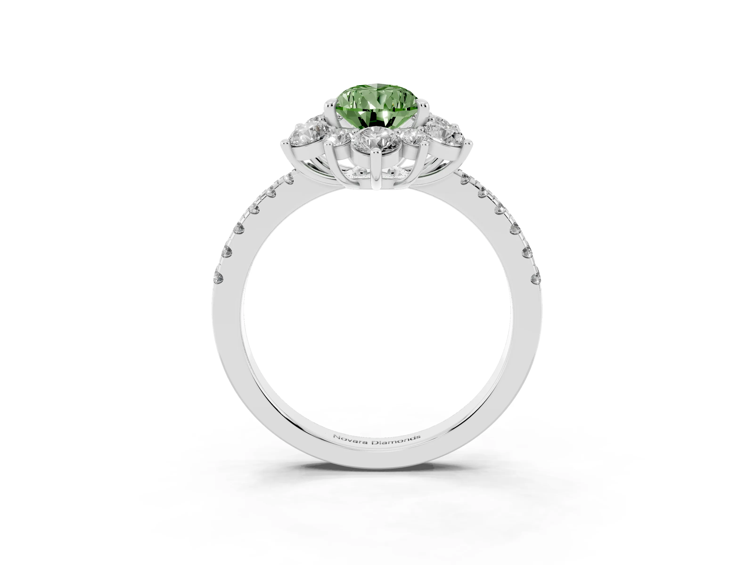 Fancy Green Pear Cut Diamond Floral Halo Ring Set in White gold with Round Pavé Band and Prong Setting